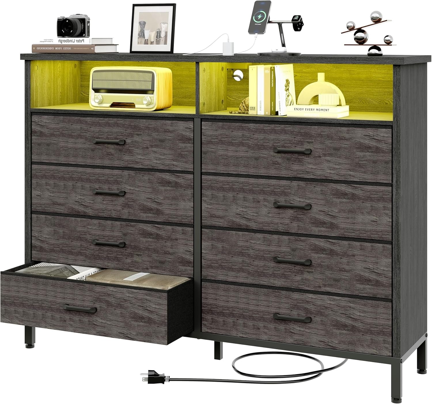 LED Dresser with 8 Fabric Drawers and Charging-0