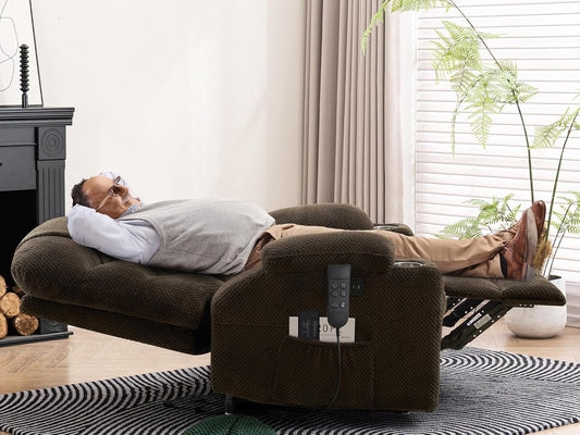 Large Dual Motor Lay Flat Power Lift Recliner Chair with Massage, Heating, Lumbar Pillow, USB & Type-C Ports, Textile Lift Chairs Recliners, Oversized Recliner for Big & Elderly People - Brown-0