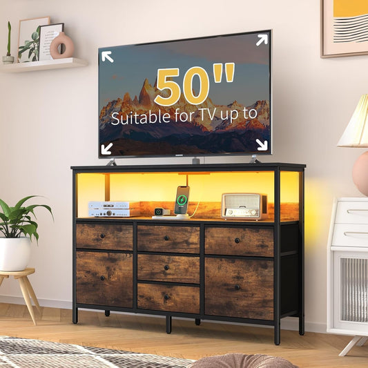 TV Stand Dresser for Bedroom, 7 Fabric Drawers Entertainment Center, LED Dressers with Power Outlets, TV Stands for Living Room with Storage Shelf, TV Console Entertainment Stand up to 50" TV-1