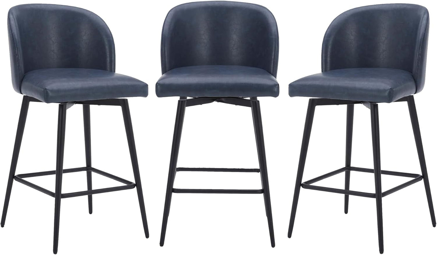 Counter Height Bar Stools Set of 3, 360° Swivel Upholstered Barstools with Backs and Metal Legs, 26" H Seat Height, Faux Leather in Blue-2