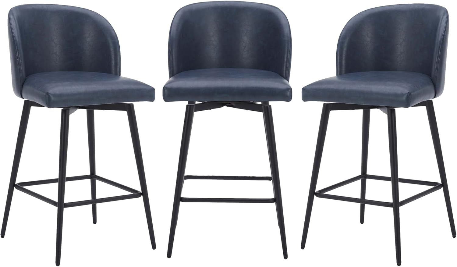 Counter Height Bar Stools Set of 3, 360° Swivel Upholstered Barstools with Backs and Metal Legs, 26" H Seat Height, Faux Leather in Blue-2