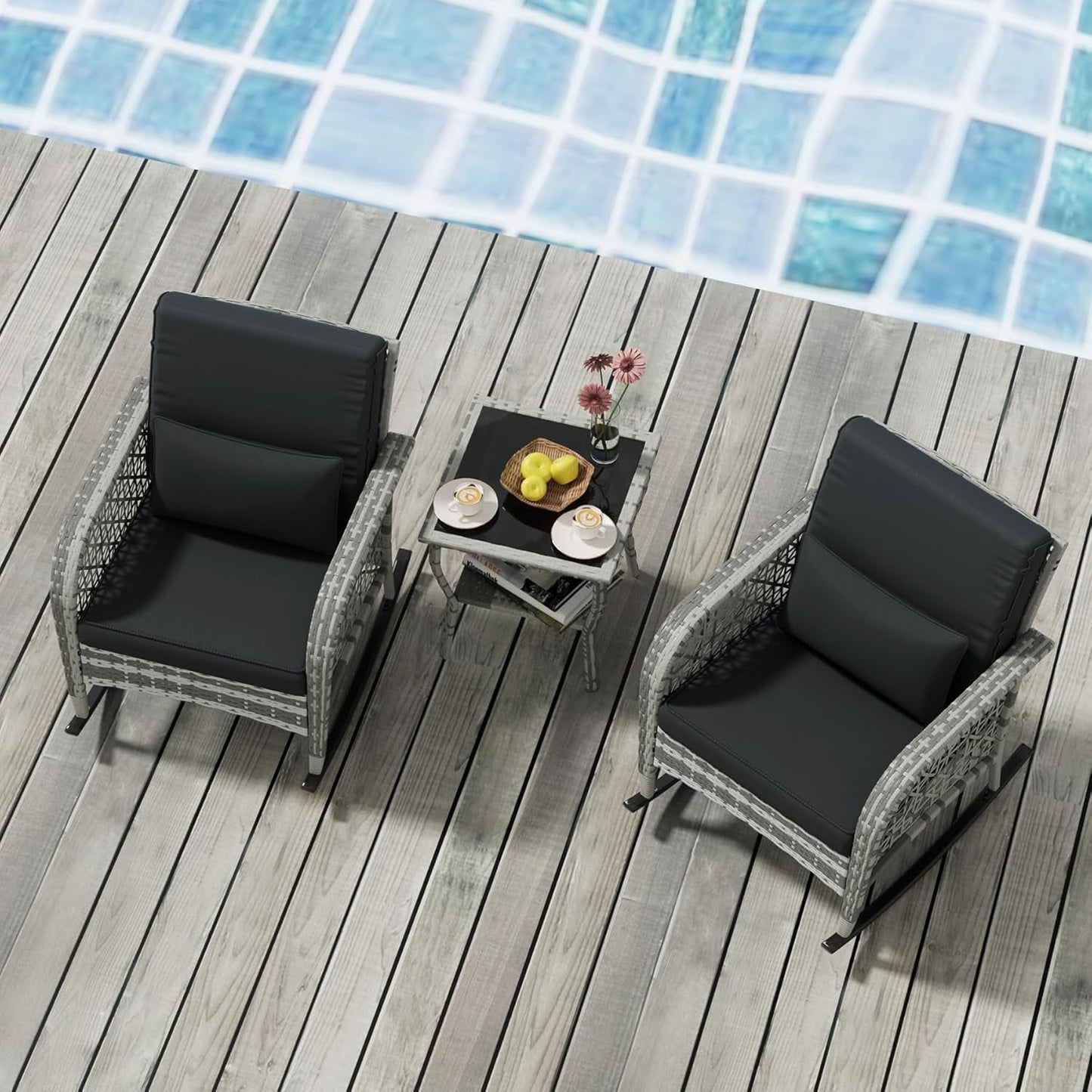 3 Piece Gray Wicker Patio Rocking Chair Set, Bistro Rocking Set, Outdoor Conversation Furniture with Porch Chairs and Glass Coffee Table, Slate Grey-2