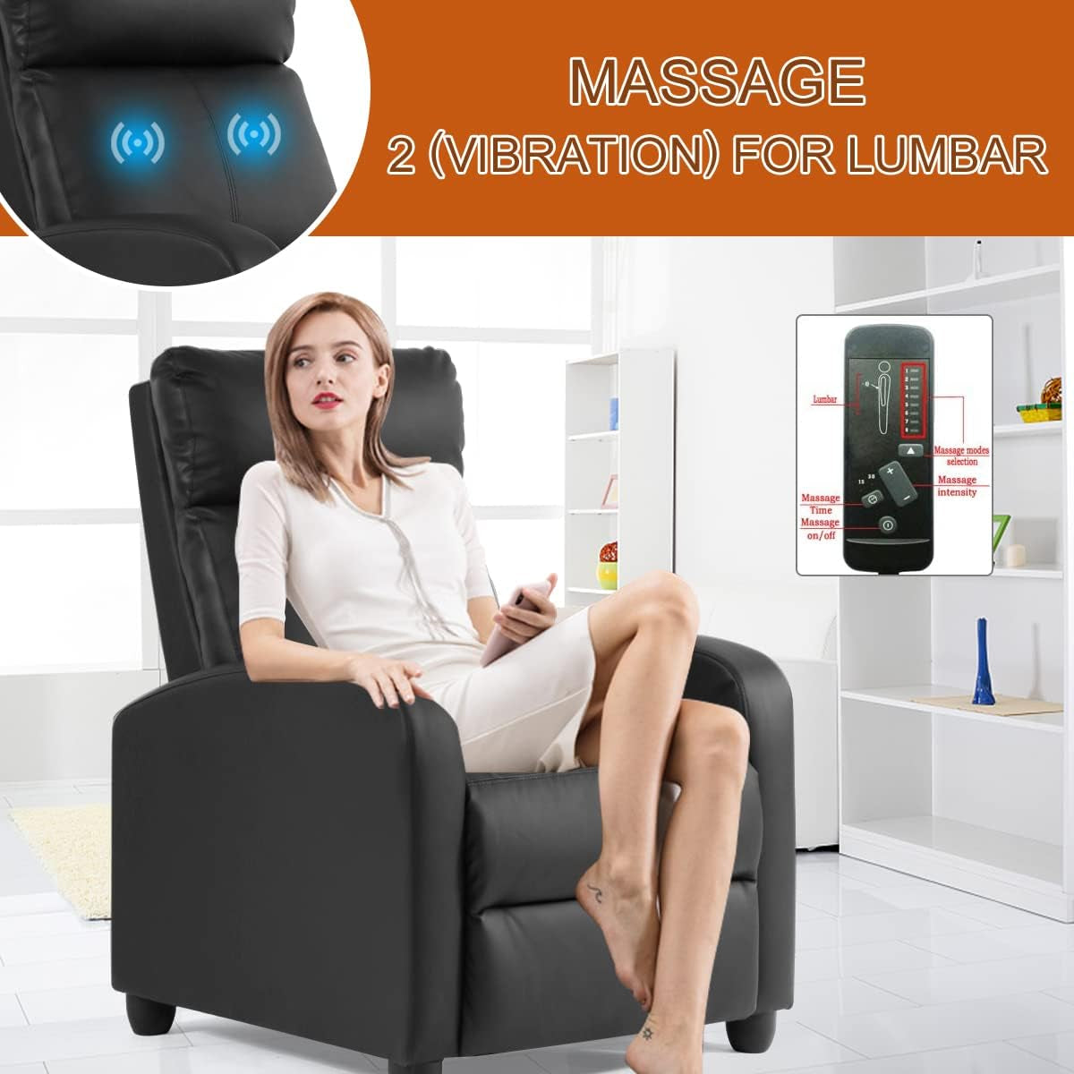 Lazy Recliner Massage Recliner Chair Living Room Sofa Reading Chair Home Theater Seating Modern Chair Easy Lounge PU Leather Padded Seat Backrest Black, 39.8 X 27 X 34 Inches (SS-AC207-B)-3