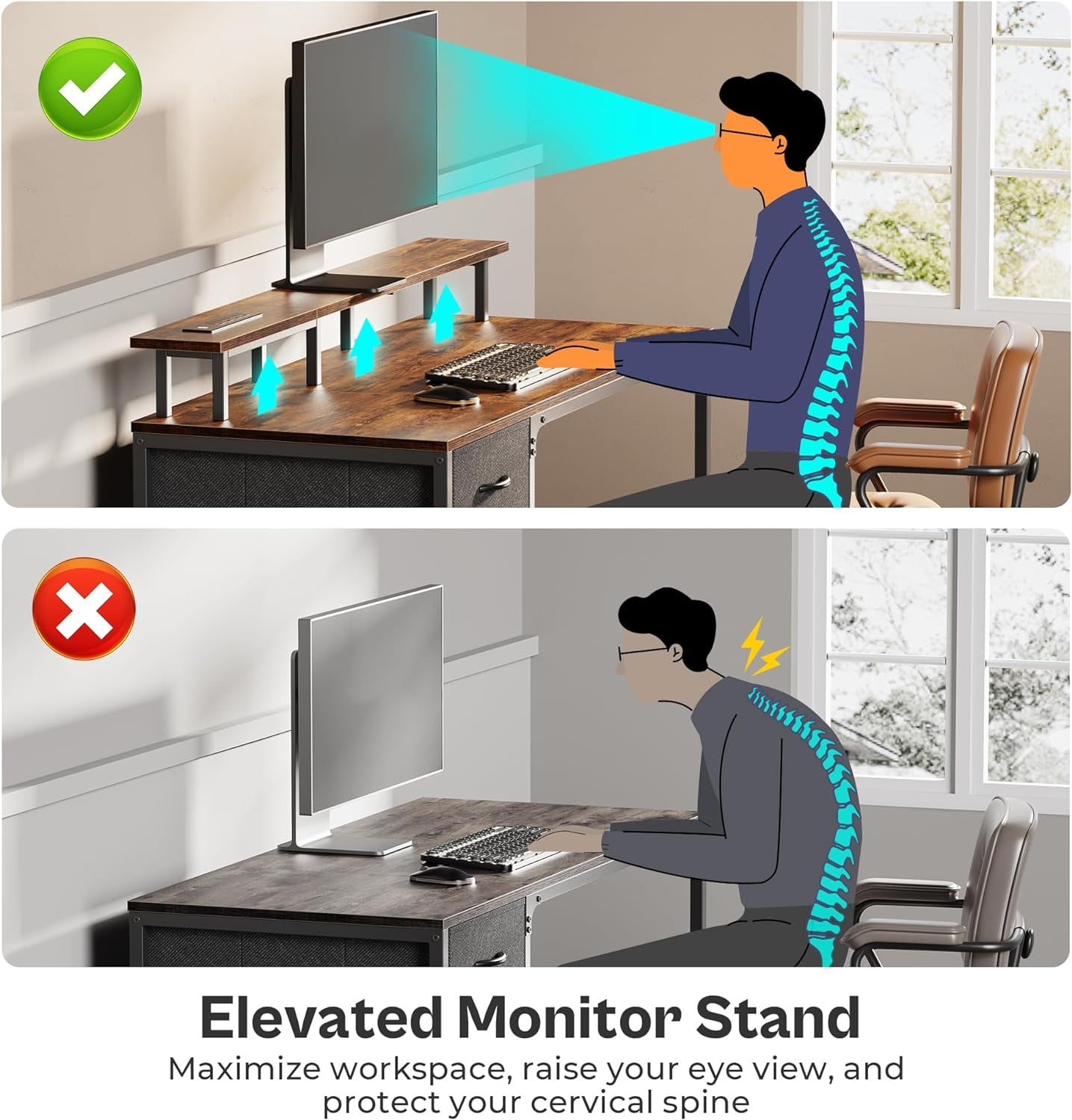 47 Inch Computer Desk with Power Outlets and LED Lights, Gaming Desk with 4 Drawers, Office Desk with Monitor Stand, Study Desk Work Desk for Home Office, Small Spaces, Rustic Brown-4