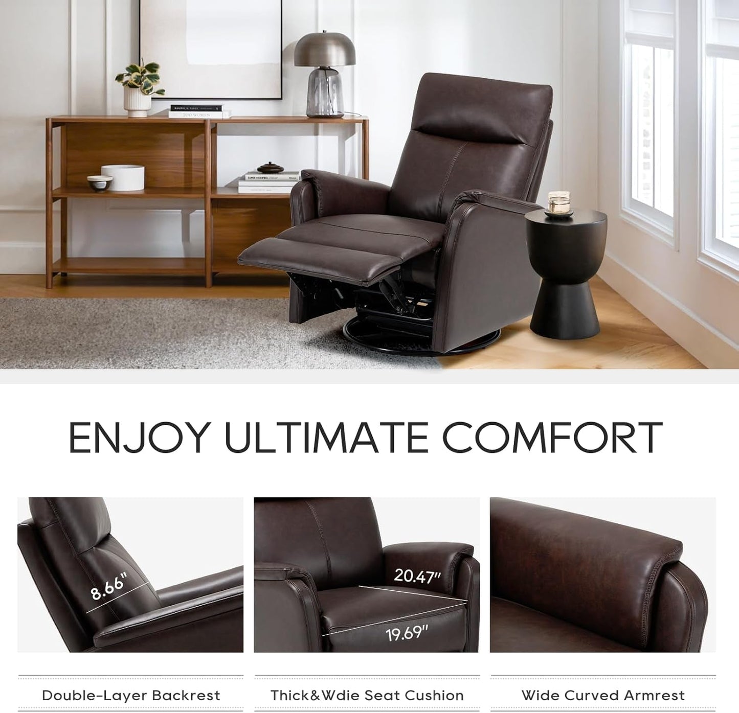 Recliner Chair, Living Room Glider Chairs Home Theater Seat PU Leather Couch Sofa Chair with Footrest Cushion Swivel Modern Bedroom, Chocolate-3