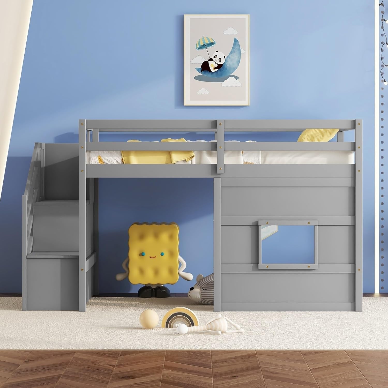 Twin Size Low Loft Bed with Stairs, Kids Loft Bed with Storage,Solid Wood Twin Loft Bed Frame for Kids, Space Saving Low Loft Bed for Boys, Girls, Gray-3