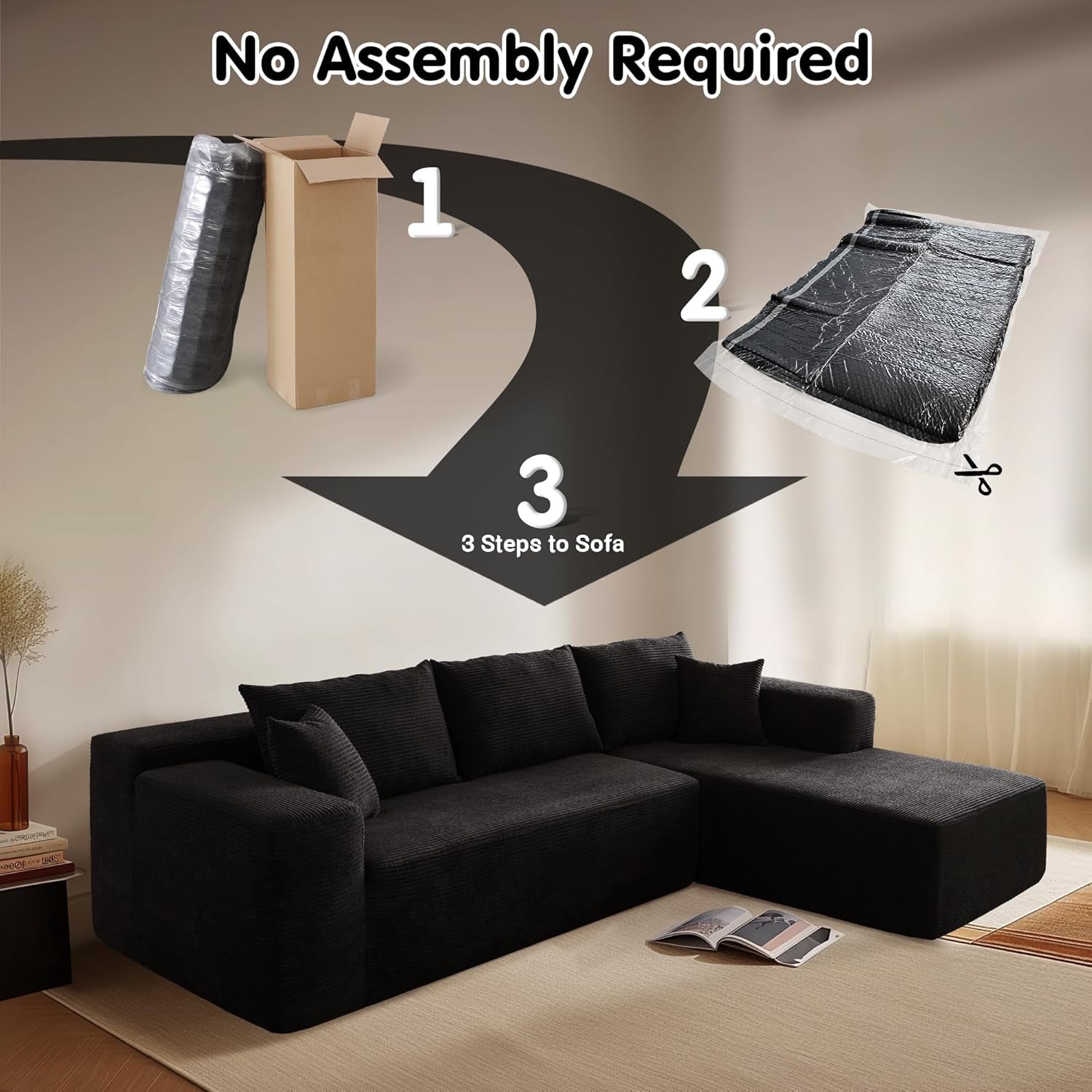 104" Cloud Sectionl Couch with L-Shpe Chise,Modern Modulr Sof with Deep Set, Upholstered Couches for Living Room Bedroom,No ssembly Required, Blck (Corduroy Fbric)-3