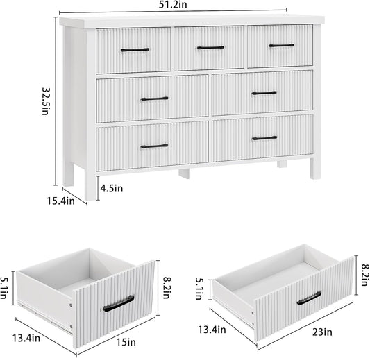 White Dresser 7 Drawer Dresser for Bedroom, Modern Fluted Dresser with Solid Wood Legs, Long Double Wooden Dresser Large Chest of Drawers for Living Room, Entryway, Hallway (White Fluted)-1