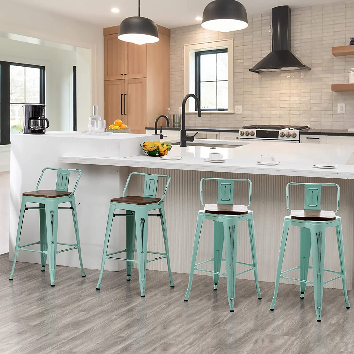 Blue Industrial Metal Swivel Barstools, Set of 4-3