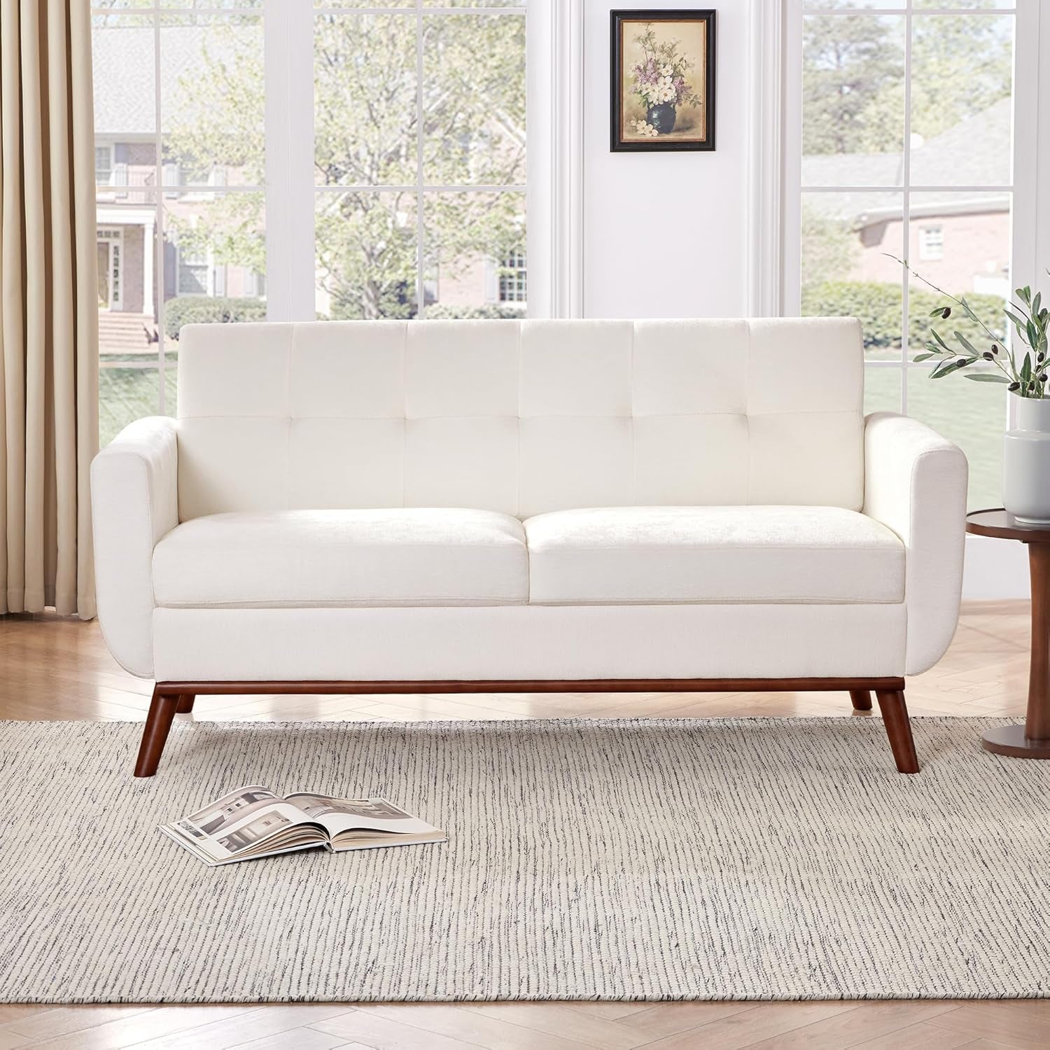 65.2" W Loveseat Sofa, Mid Century Modern Decor Love Seat Couches for Living Room, Button Tufted Upholstered Furniture, Solid & Easy to Install Small Couch for Bedroom Office Apartment, White-0