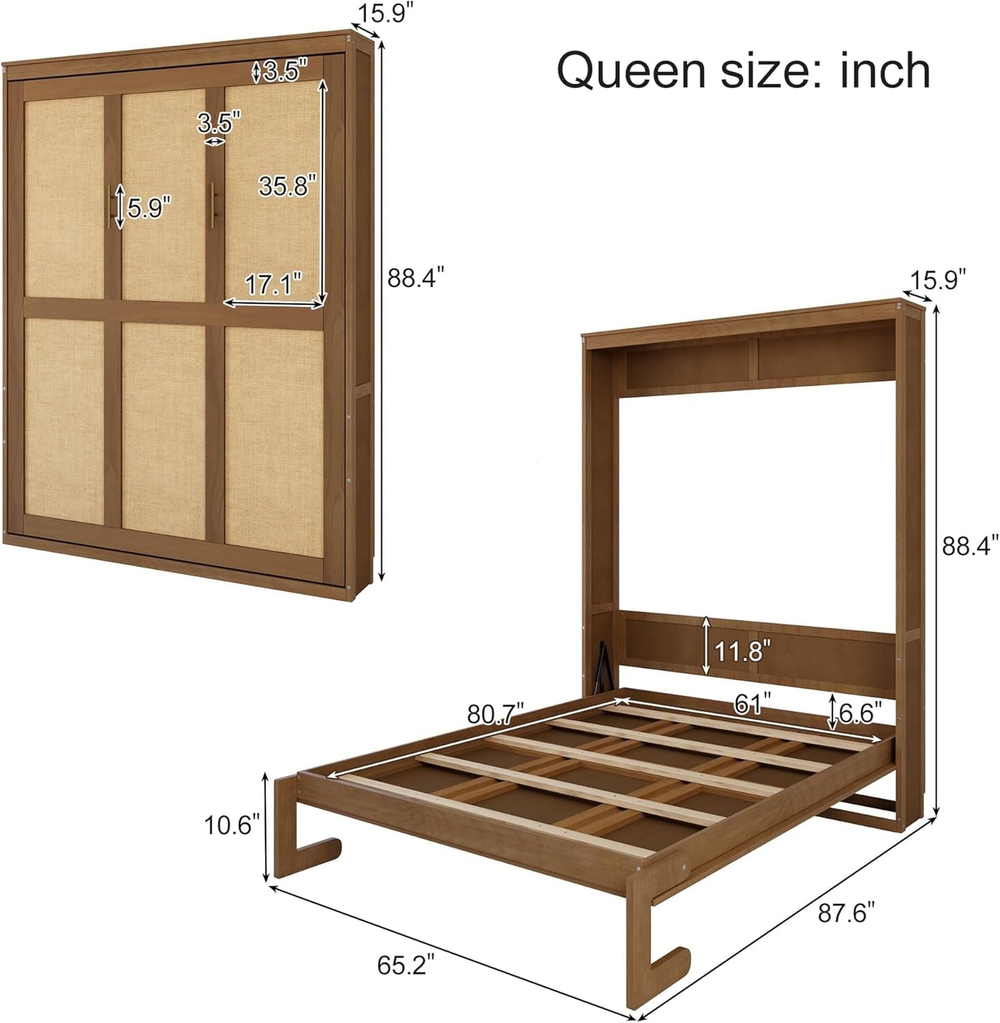 Queen Size Solid Wood Rattan Murphy Bed Cabinet-3