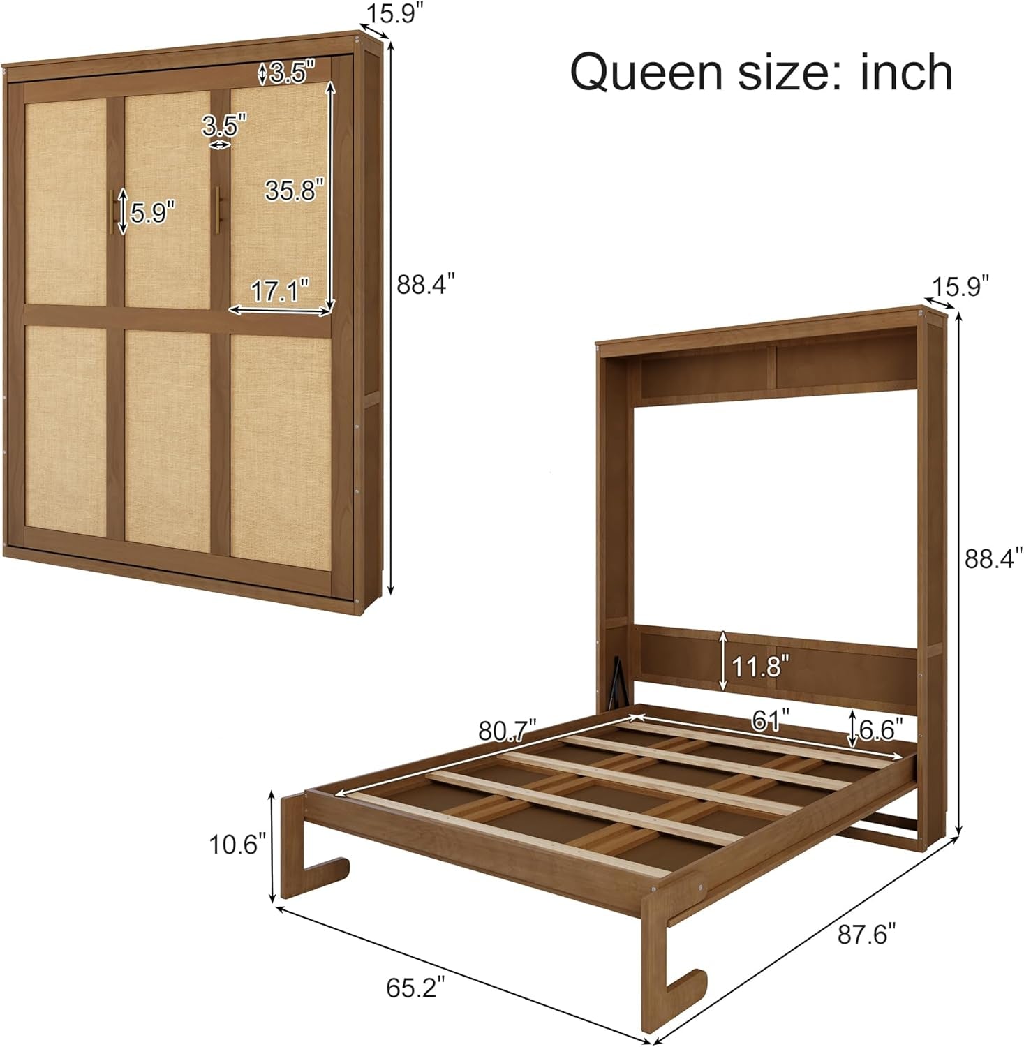 Queen Size Solid Wood Rattan Murphy Bed Cabinet-3
