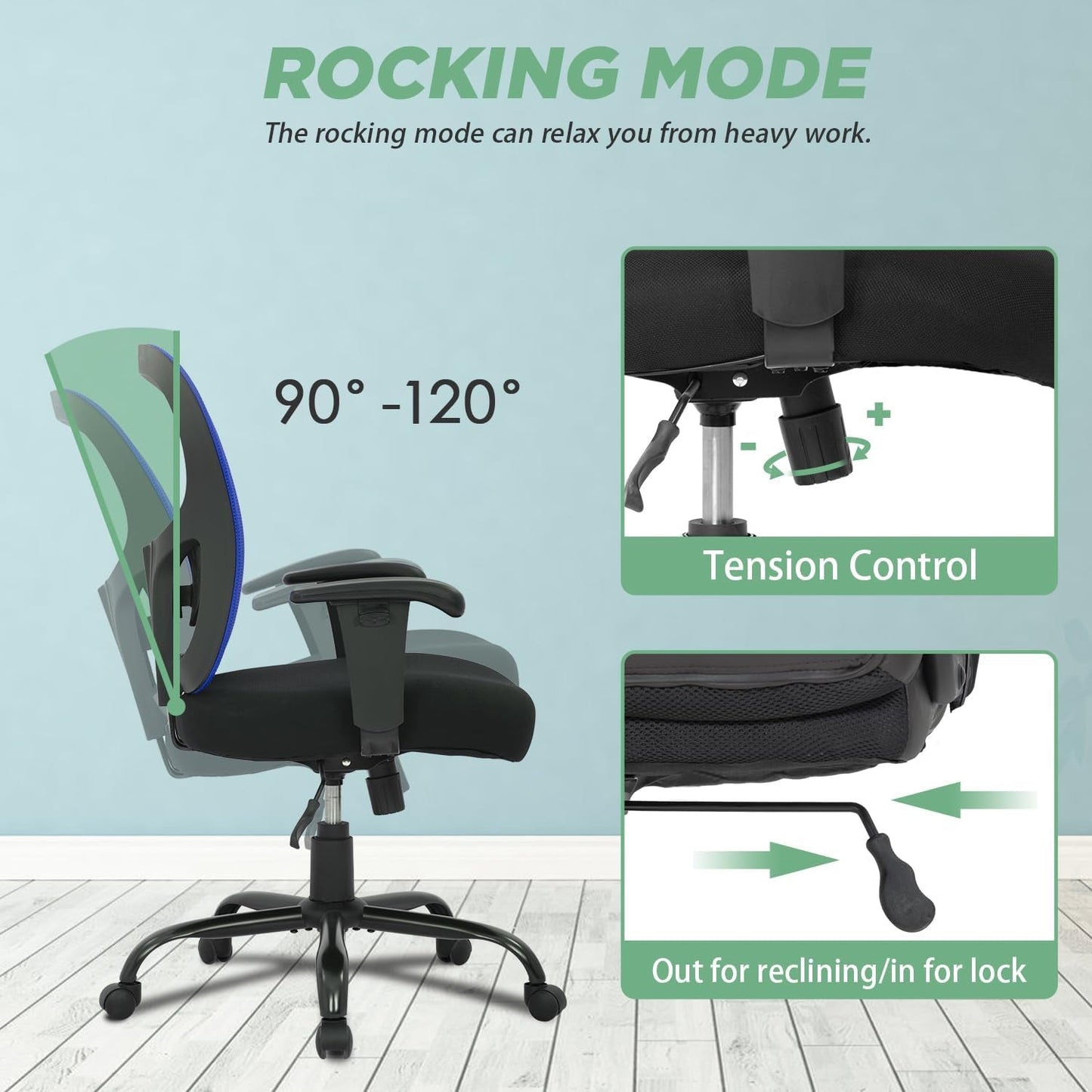 Big and Tall Office Chair 400Lbs Desk Chair Mesh Computer Chair with Lumbar Support Wide Seat Adjust Arms Rolling Swivel High Back Task Executive Ergonomic Chair for Home Office (Blue)-3