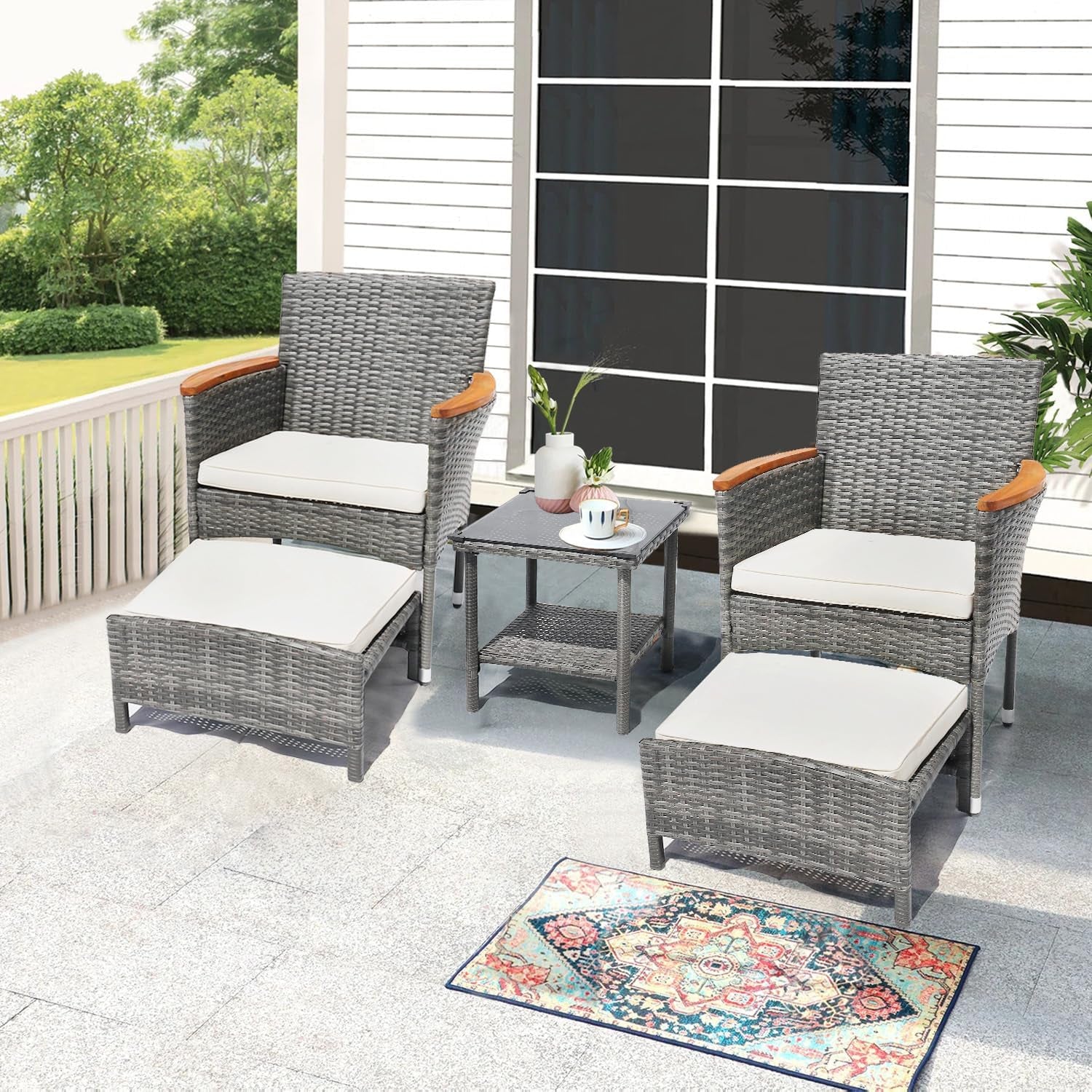 5 Piece Outdoor Patio Furniture Set with Table&Ottoman Outdoor Furniture Patio Set Bistro Wicker Patio Set of 2 outside Lawn Chairs Conversation Sets for Porch Balcony Deck(Gray Wicker&Beige Cushion)-1