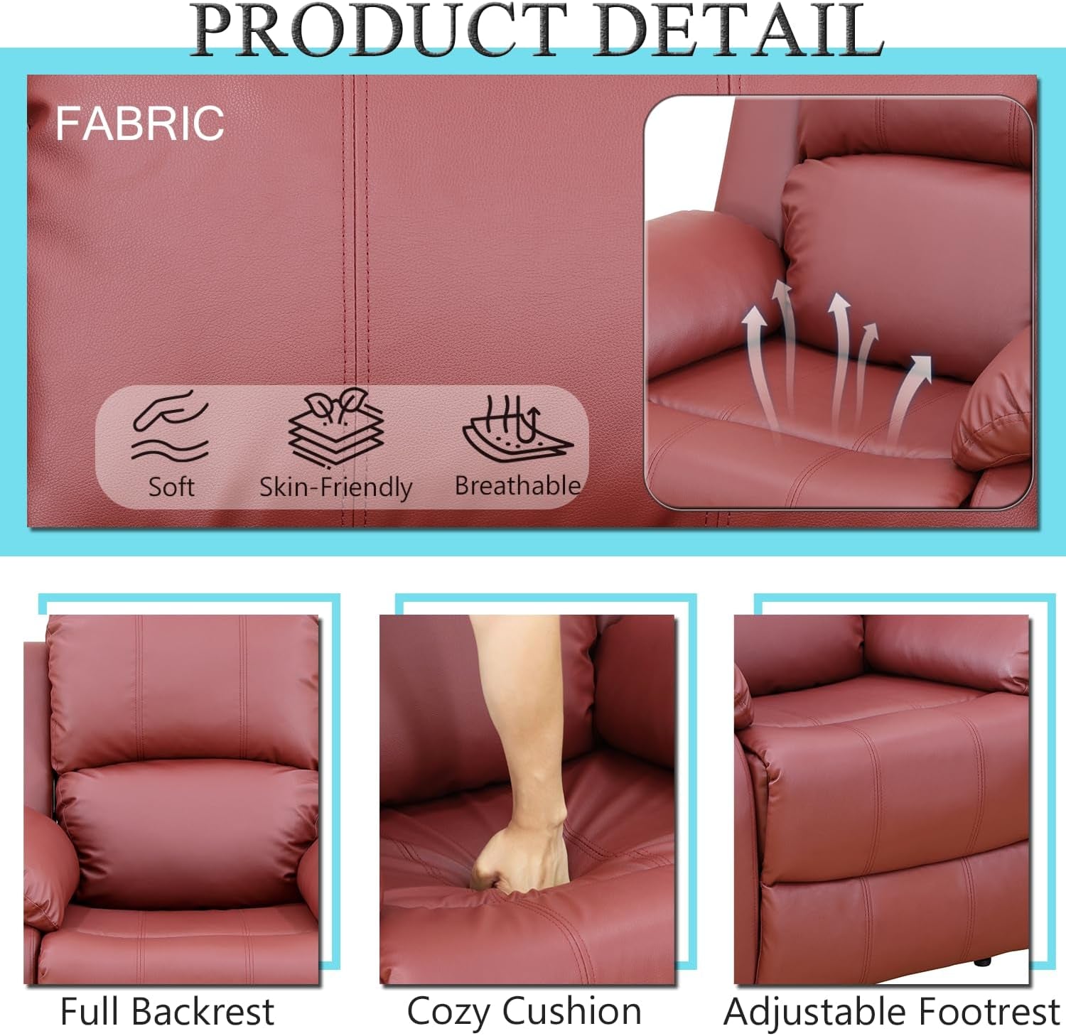 Leather Recliner Sofa Set，Leather Reclining Sofa Set for Living Room Furniture Sets，Red Recliner Couch Set for Living Room/Office/Theater Seating(Sofa Set 3 Pieces)-3