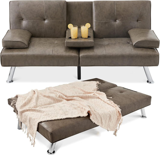 Faux Leather Upholstered Modern Convertible Futon, Adjustable Folding Sofa Bed, Guest Bed W/Removable Armrests - Gray-0