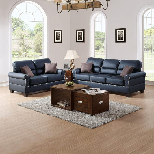 Bobkona Shelton Bonded Leather 2 Piece Sofa and Loveseat Set, Black-1