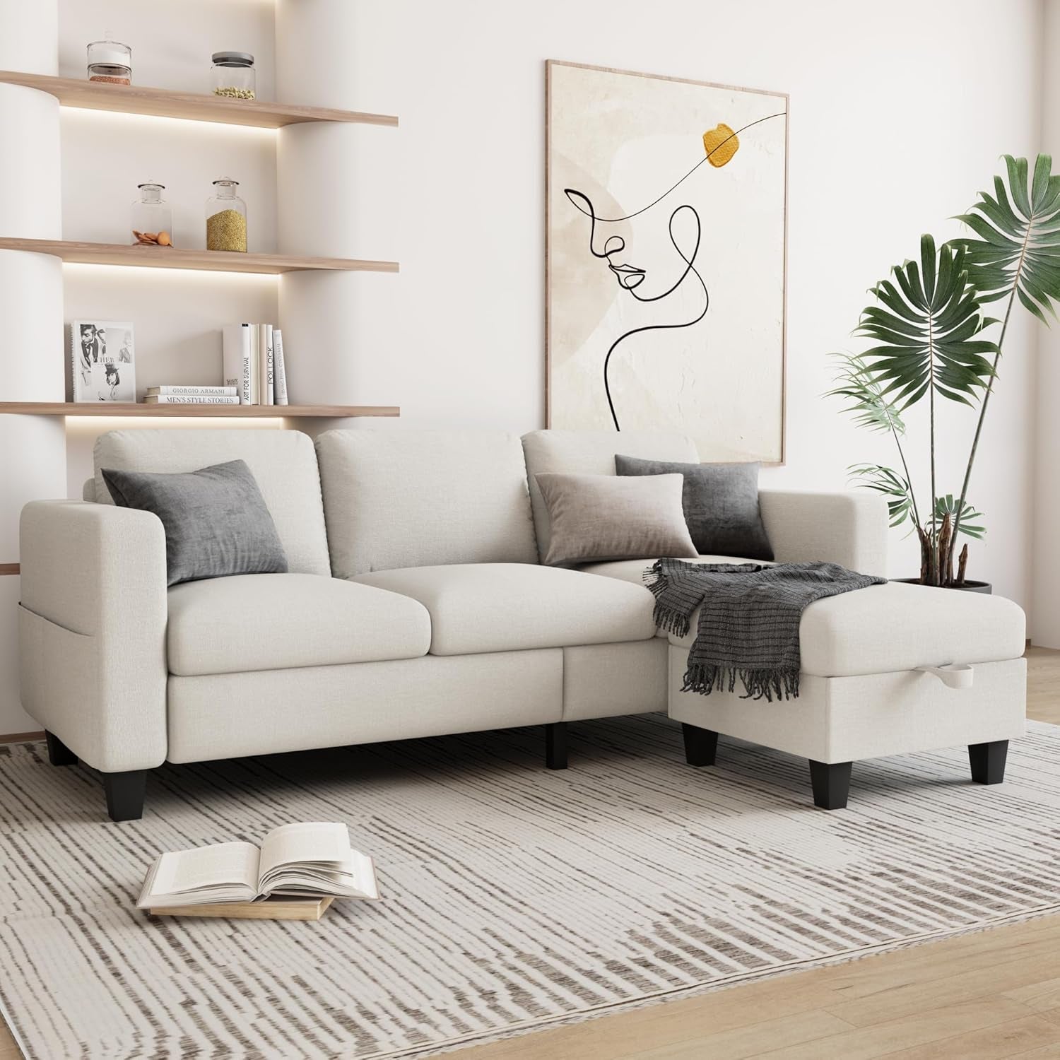 Couch for Living Room - Small Space Couches Sectional L-Shaped Sofa, 3 Seat Modern Couch, Sofas Convertible with Storage Ottoman for Small Space, Bedroom, Offices and Apartments - Beige-0