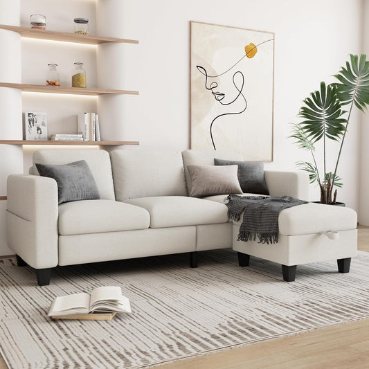 Couch for Living Room - Small Space Couches Sectional L-Shaped Sofa, 3 Seat Modern Couch, Sofas Convertible with Storage Ottoman for Small Space, Bedroom, Offices and Apartments - Beige-0