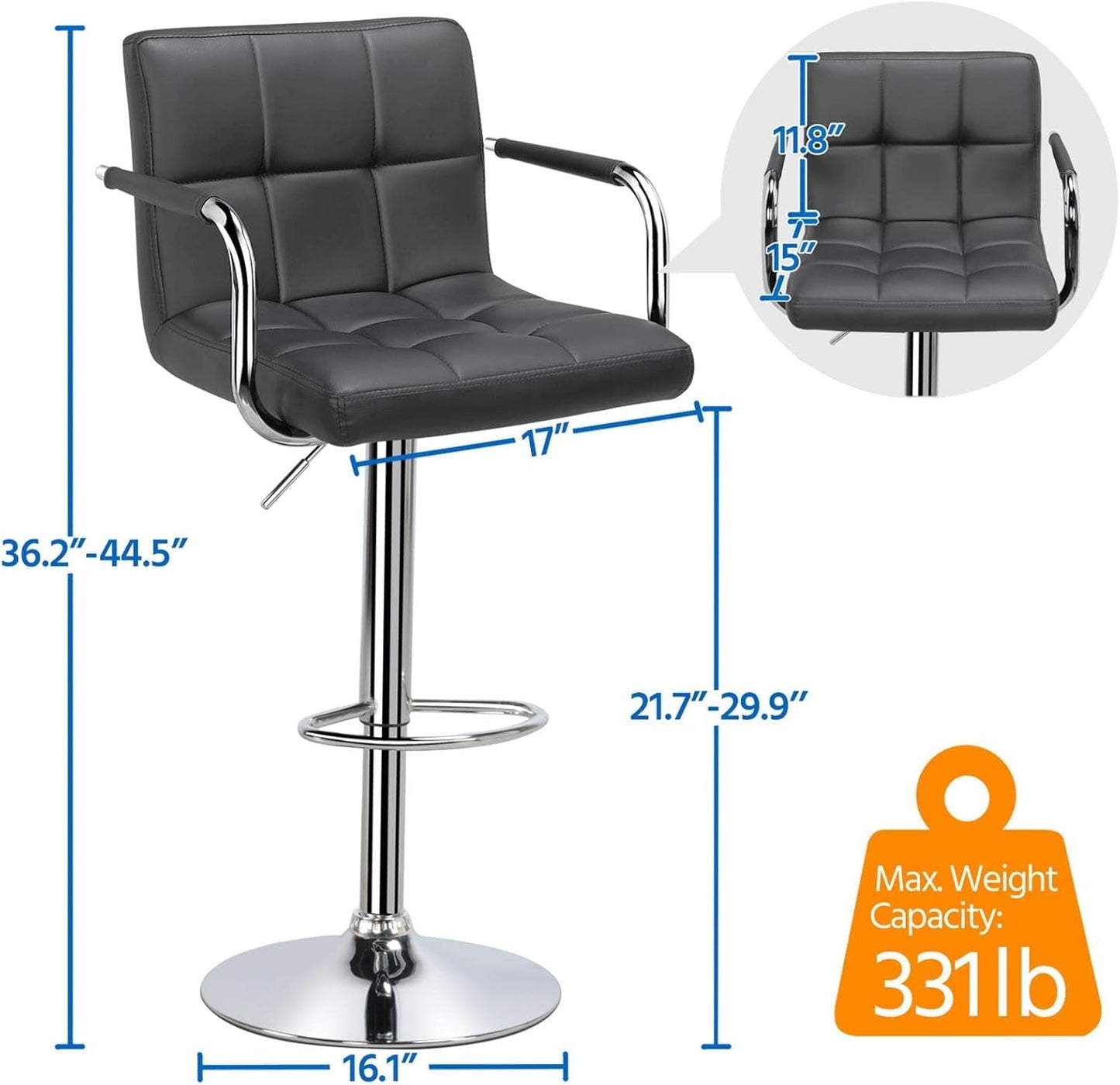 Bar Stools, Adjustable PU Leather Swivel Barstools, Modern Counter Stools with Back and Footrest, Counter Height Barstools for Bar, Kitchen, Dining Room, Set of 2, Grey-2