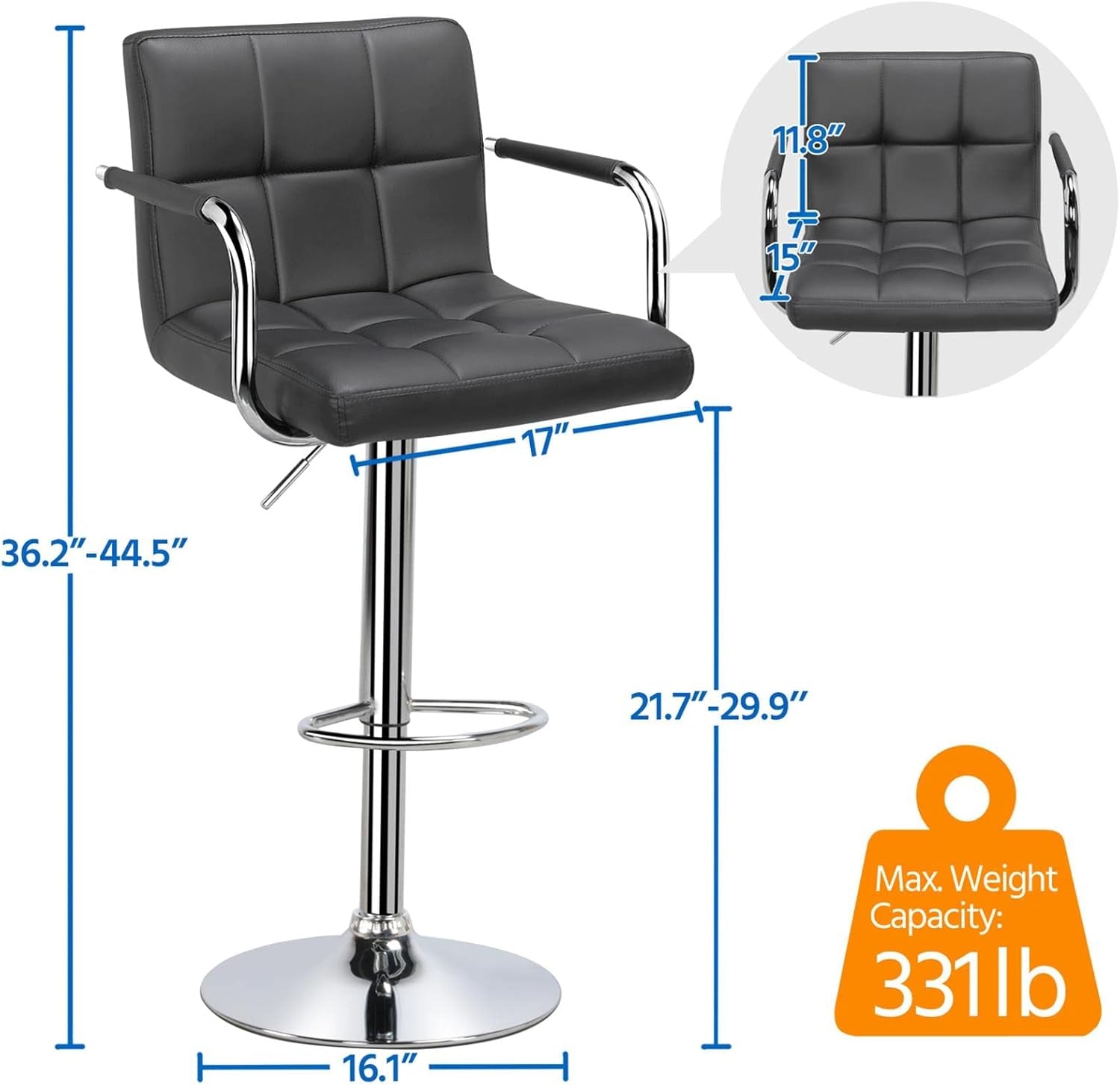 Bar Stools, Adjustable PU Leather Swivel Barstools, Modern Counter Stools with Back and Footrest, Counter Height Barstools for Bar, Kitchen, Dining Room, Set of 2, Grey-2