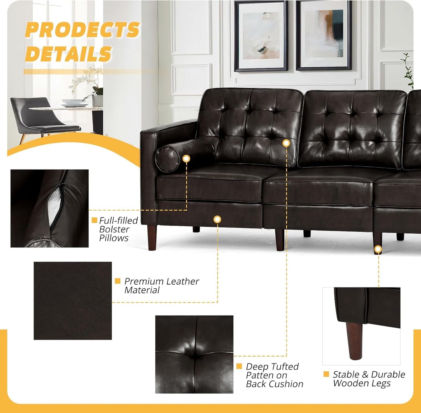 2 Pieces Faux Leather Couch Set, Upholstered 3 Seat & Loveseat Sofa with Bolster Pillows, Mid Century Modern Couch Set with Wooden Legs for Living Room, Bedroom, Office. Dark Brown-3