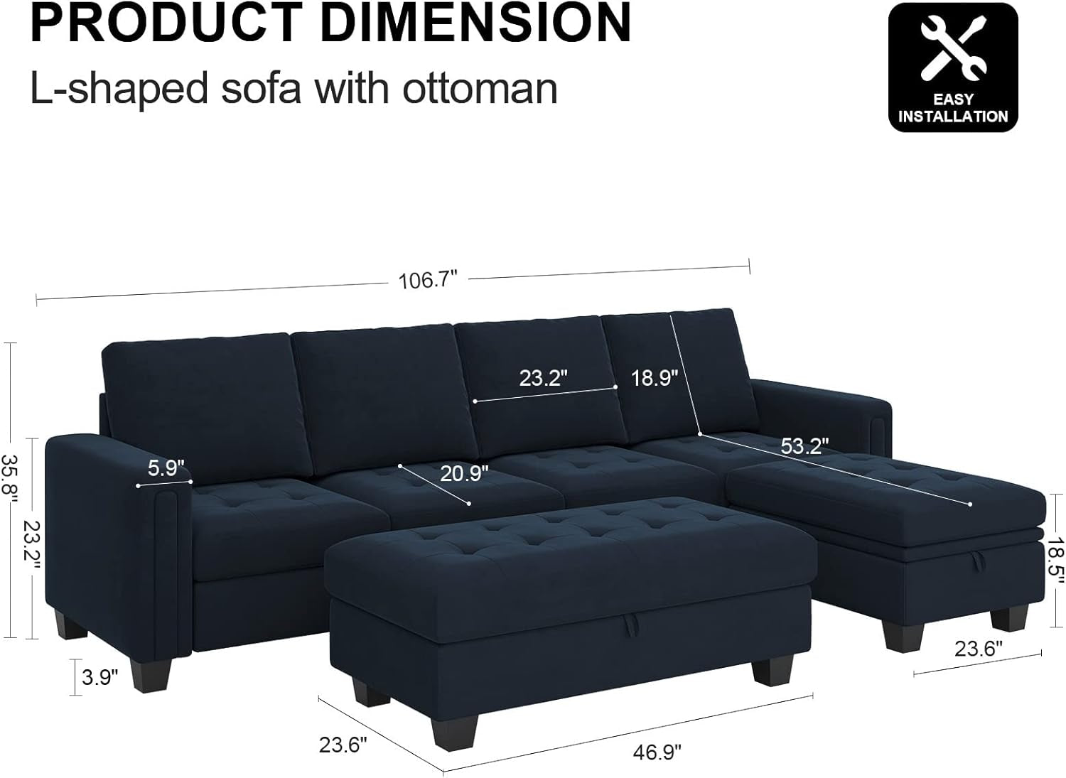 Velvet Convertible 4-Seat Sectional Sofa with Reversible Chaise L Shaped Sofa Couch Furniture Sets Sectional Couch with Storage Ottoman Blue-1