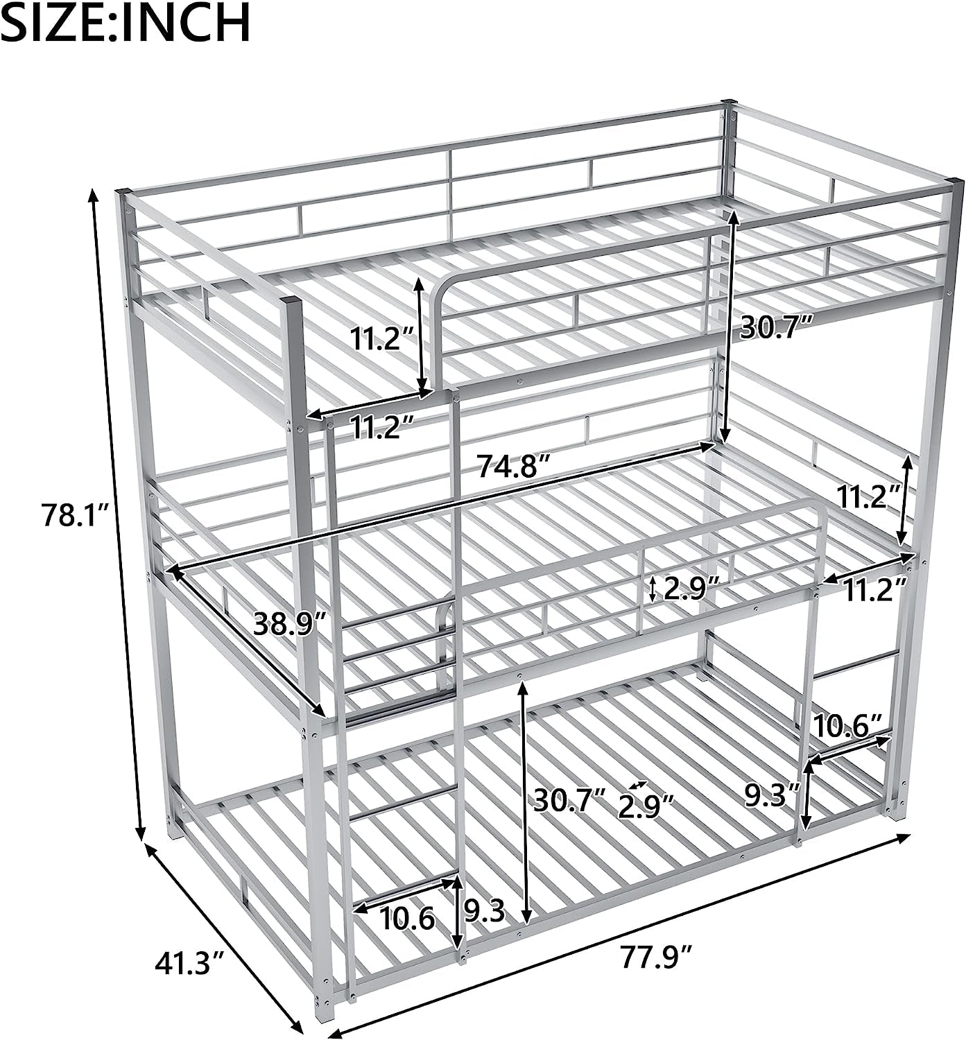 Silver Triple Metal Bunk Bed with Detachable Feature-2