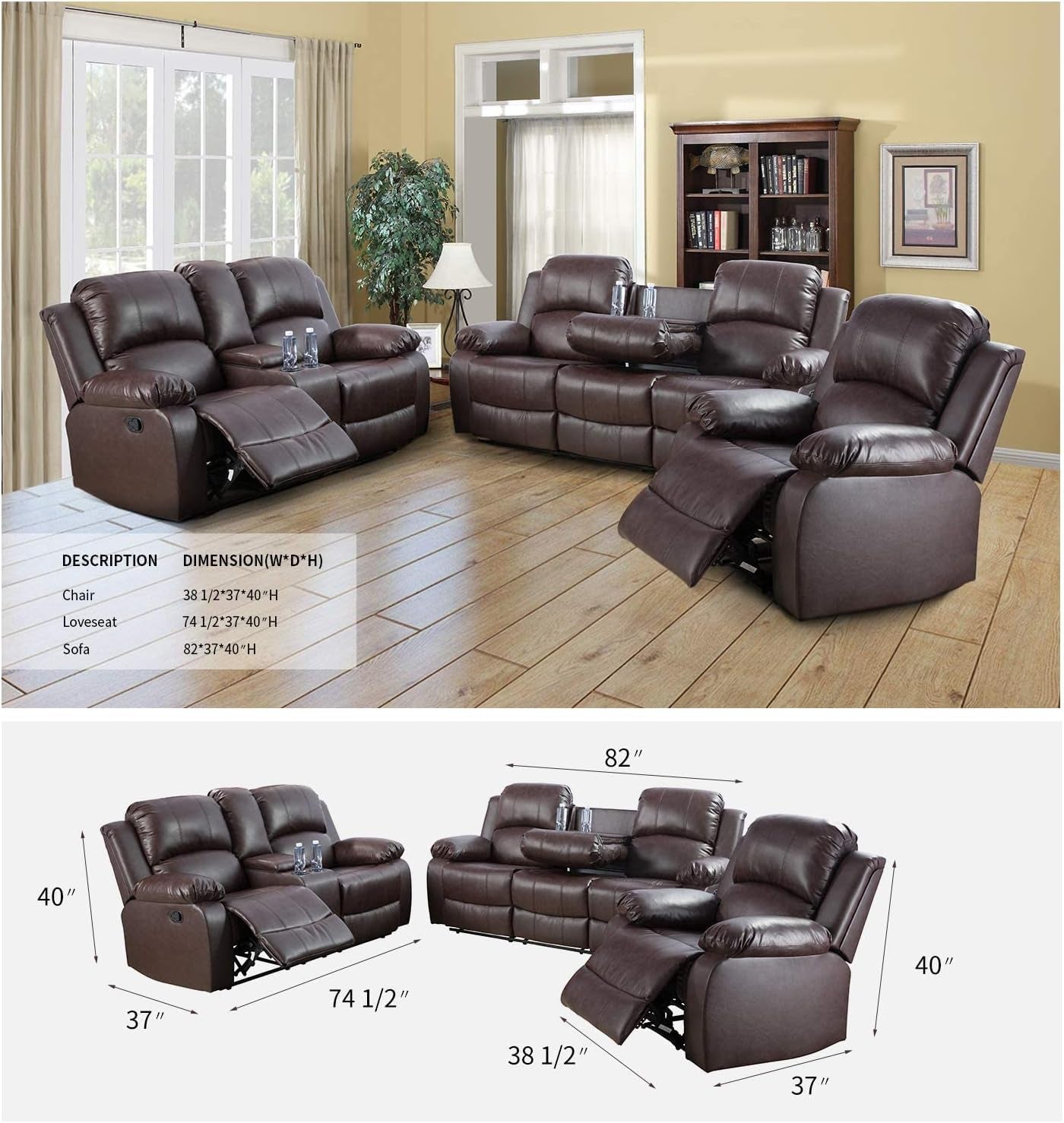 3 PCS Living Room Set, Faux Leather Recliner Sofa Set, Recliner Sofa Couch, Loveseat and Chair (Espresso)-1