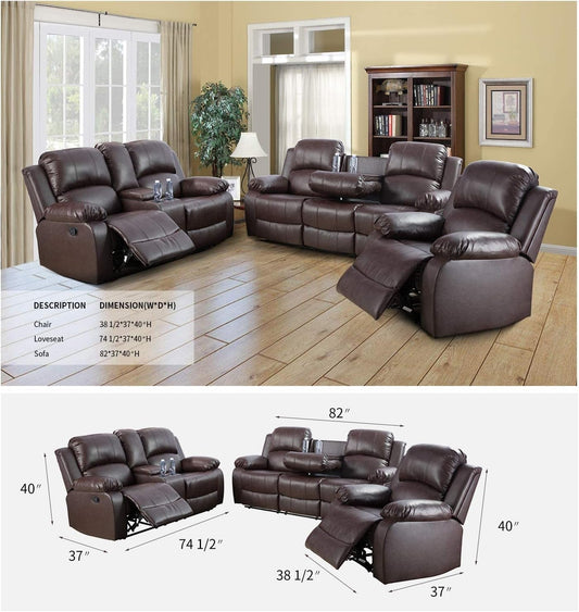 3 PCS Living Room Set, Faux Leather Recliner Sofa Set, Recliner Sofa Couch, Loveseat and Chair (Espresso)-1