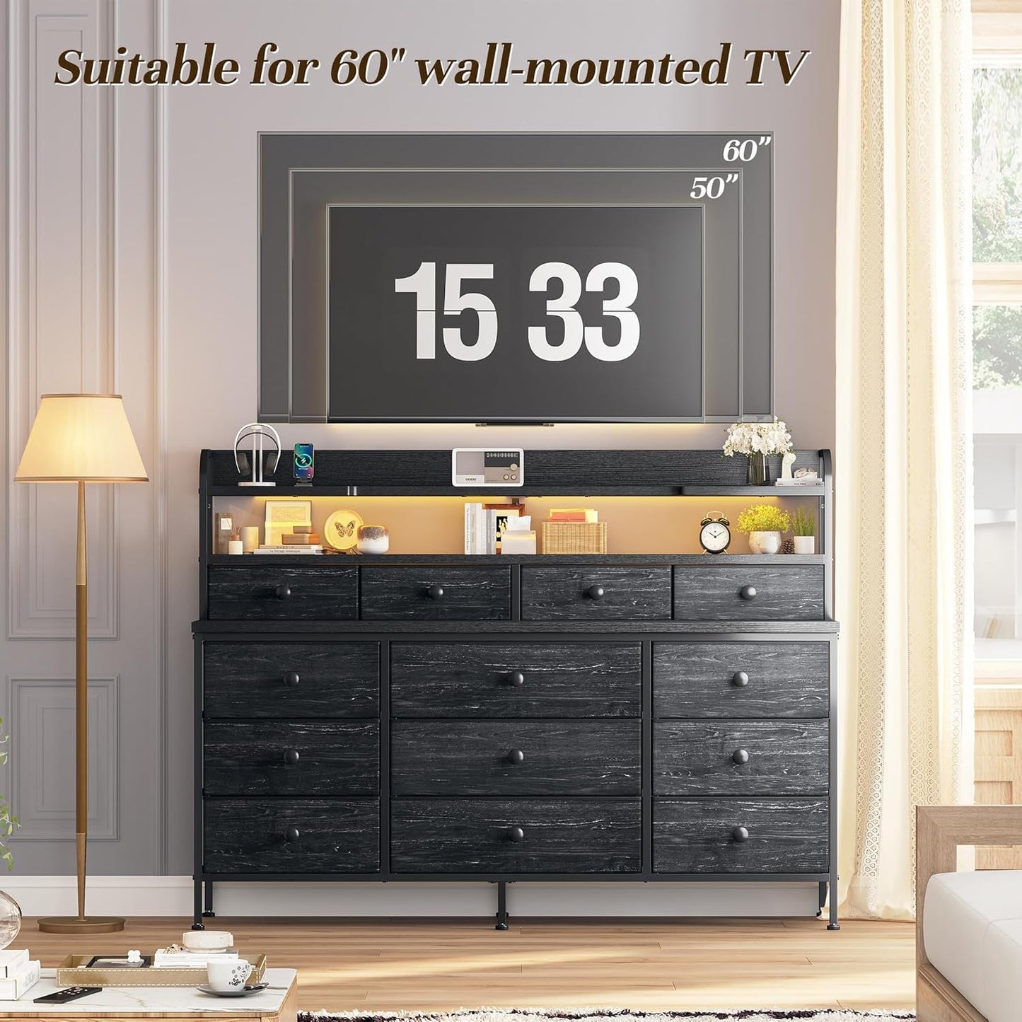 51.2" W Black Dresser with 13 Drawers and LED Lights, Black Dresser for Bedroom with Fabric Drawer, Long Dressers & Chests of Drawers, Dresser for Bedroom with Shelves for Closet-4