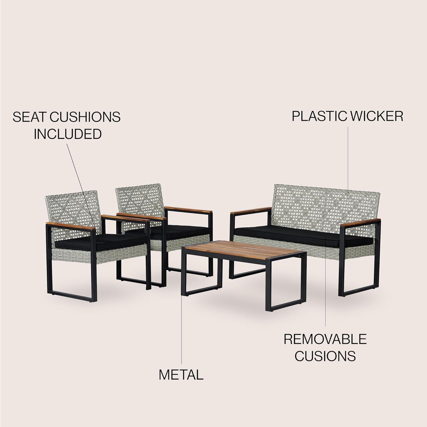 LVG1102C-4SET Wilder 4-Piece Modern Coastal Faux Wicker Conversation Outdoor Patio Set Industrial, Farmhouse, Mid-Century, Classic, Contemporary, Minimalist, White Wash/Black/Natural-2