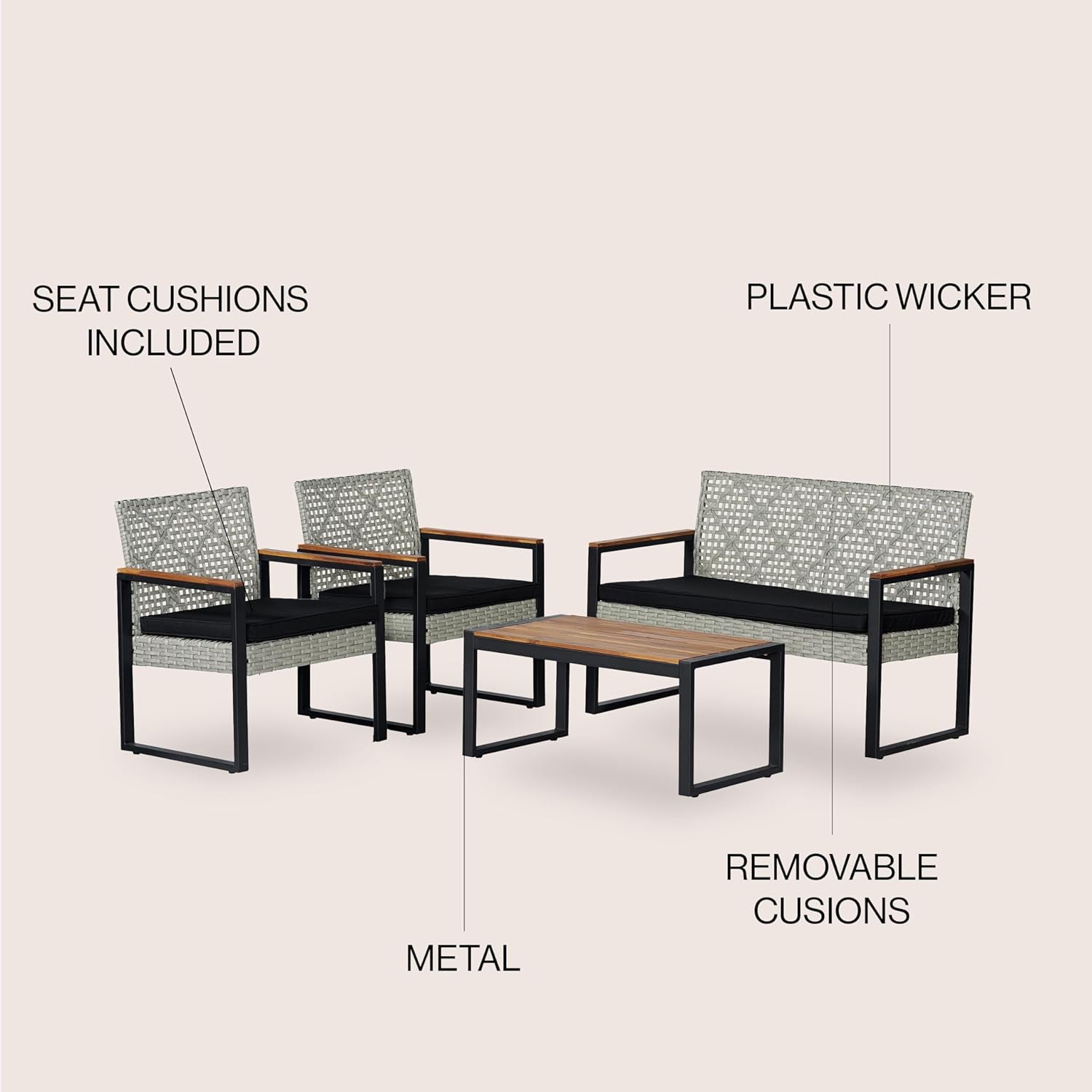 LVG1102C-4SET Wilder 4-Piece Modern Coastal Faux Wicker Conversation Outdoor Patio Set Industrial, Farmhouse, Mid-Century, Classic, Contemporary, Minimalist, White Wash/Black/Natural-2