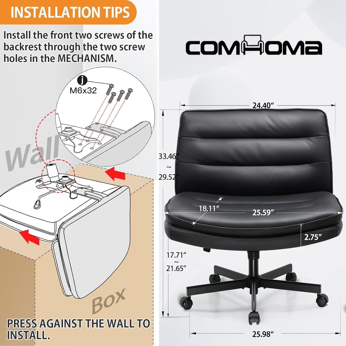 Criss Cross Chair with Wheels, Armless Wide Cross Legged Office Chair Mid Back, Modern Home Office Desk Chair Swivel Adjustable Vanity Computer Chair, Black-1