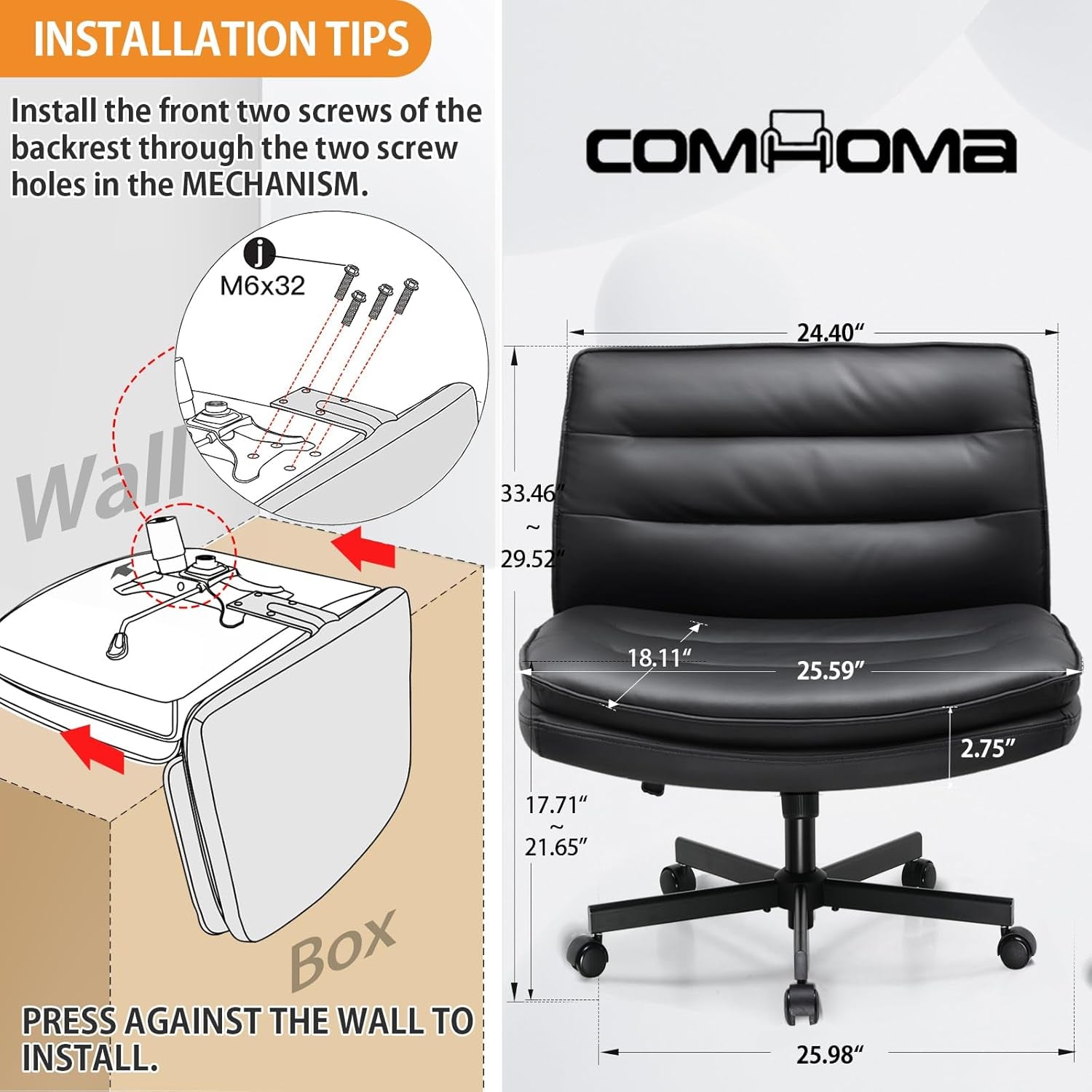 Criss Cross Chair with Wheels, Armless Wide Cross Legged Office Chair Mid Back, Modern Home Office Desk Chair Swivel Adjustable Vanity Computer Chair, Black-1