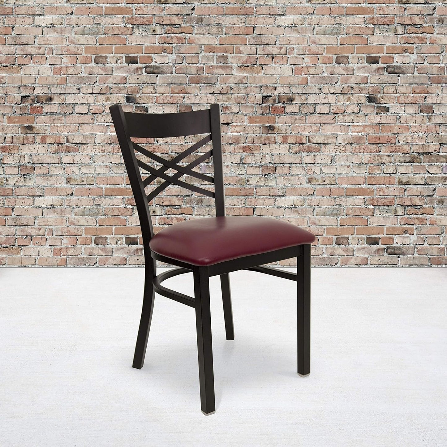 2 Pack HERCULES Series Black ''X'' Back Metal Restaurant Chair - Burgundy Vinyl Seat-0