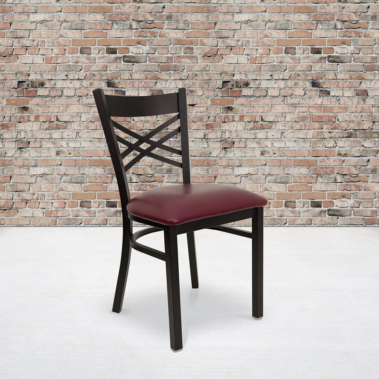 2 Pack HERCULES Series Black ''X'' Back Metal Restaurant Chair - Burgundy Vinyl Seat-0