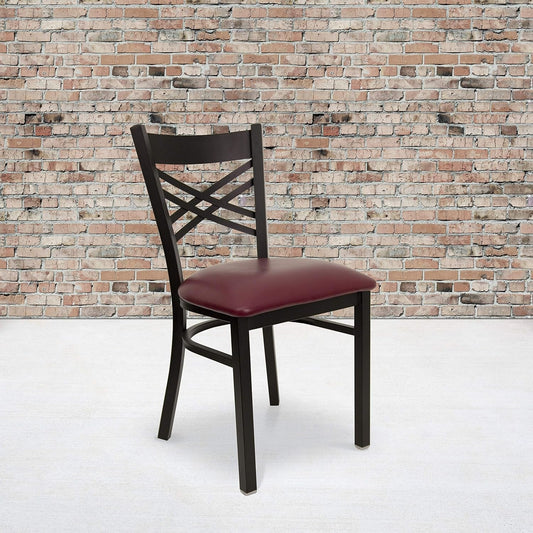 2 Pack HERCULES Series Black ''X'' Back Metal Restaurant Chair - Burgundy Vinyl Seat-0