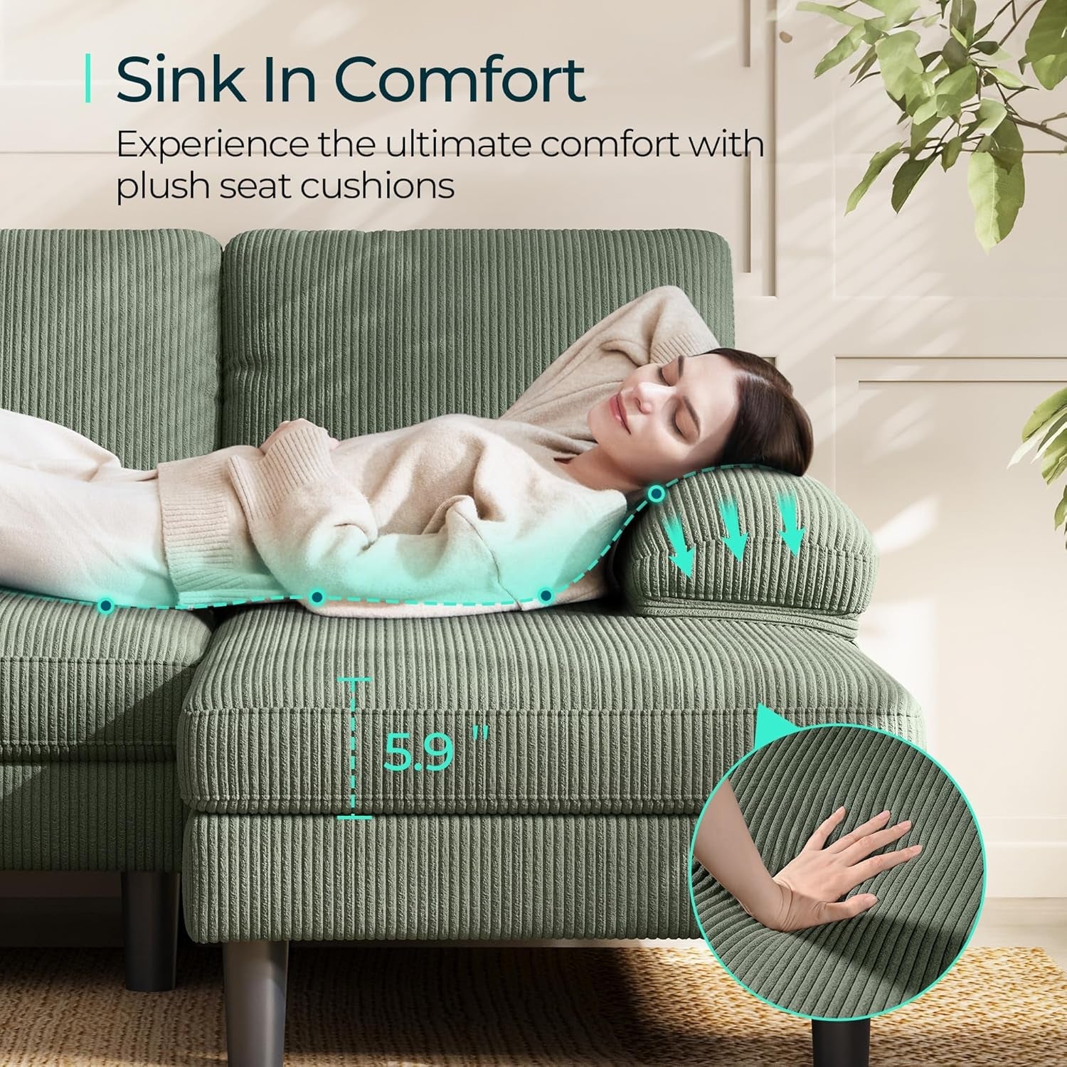 Sectional Couch, 111'' W Corduroy U Shaped Sofa with Sleepable Armrests, 4 Seat Couch with Double Chaises, Deep Sofa for Living Room, Army Green-3