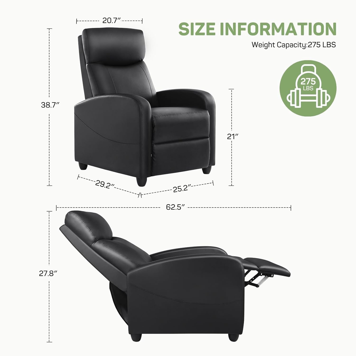 Recliner Chair with Massage and Lumbar Support, Small PU Leather Home Theater Seating, Adjustable Modern Reclining Chair for Adults in Living Room-2