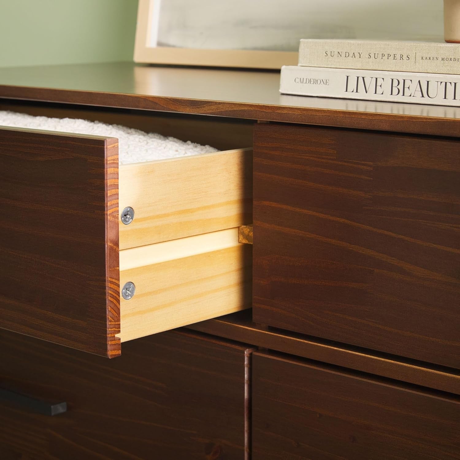 Modern Solid Pine Wood 6-Drawer Dresser with Metal Handles and Generous Storage Space, Walnut Finish-4