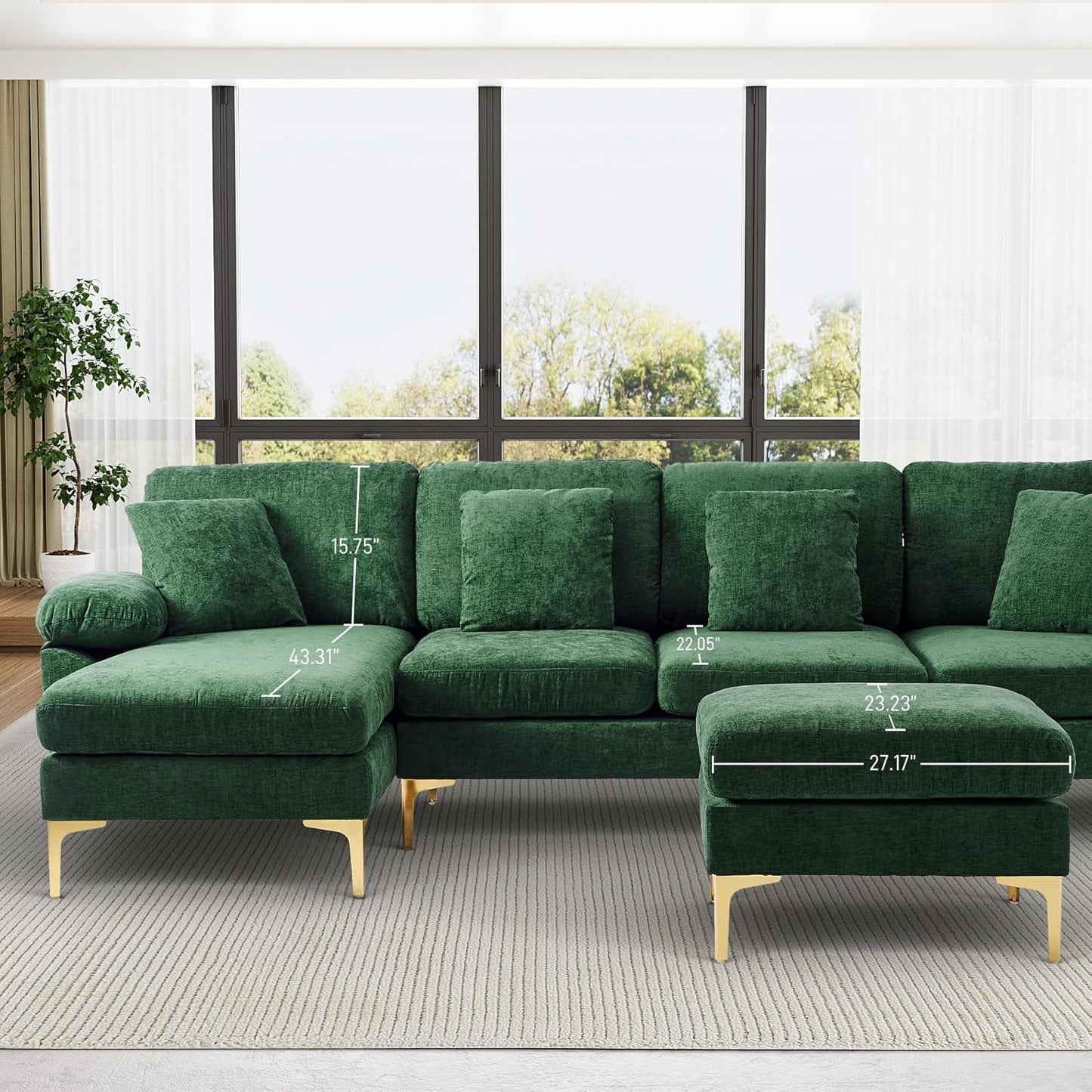 U-Shaped Sectional Sofa Couch, 4 Seat Chenille Sofa Set for Living Room, Convertible L-Shaped Couch Set with Ottoman, Chaise Lounge and 4 Pillows,114 Inches, Dark Green-4