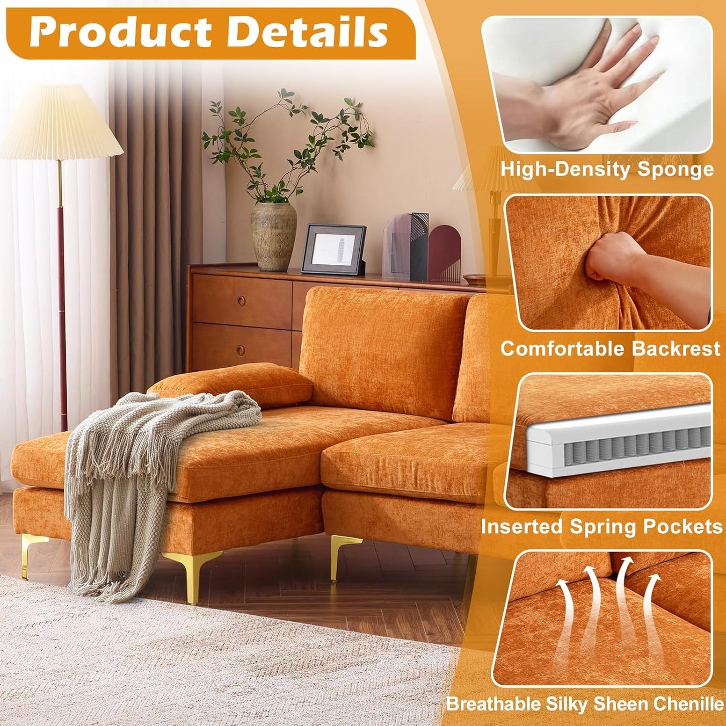 110" Sectional Couches for Living Room,U Shape Couch with Double Chaise, 4-Seat Sofa Set with Chenille Fabric for Home Furniture,Burnt Orange-2