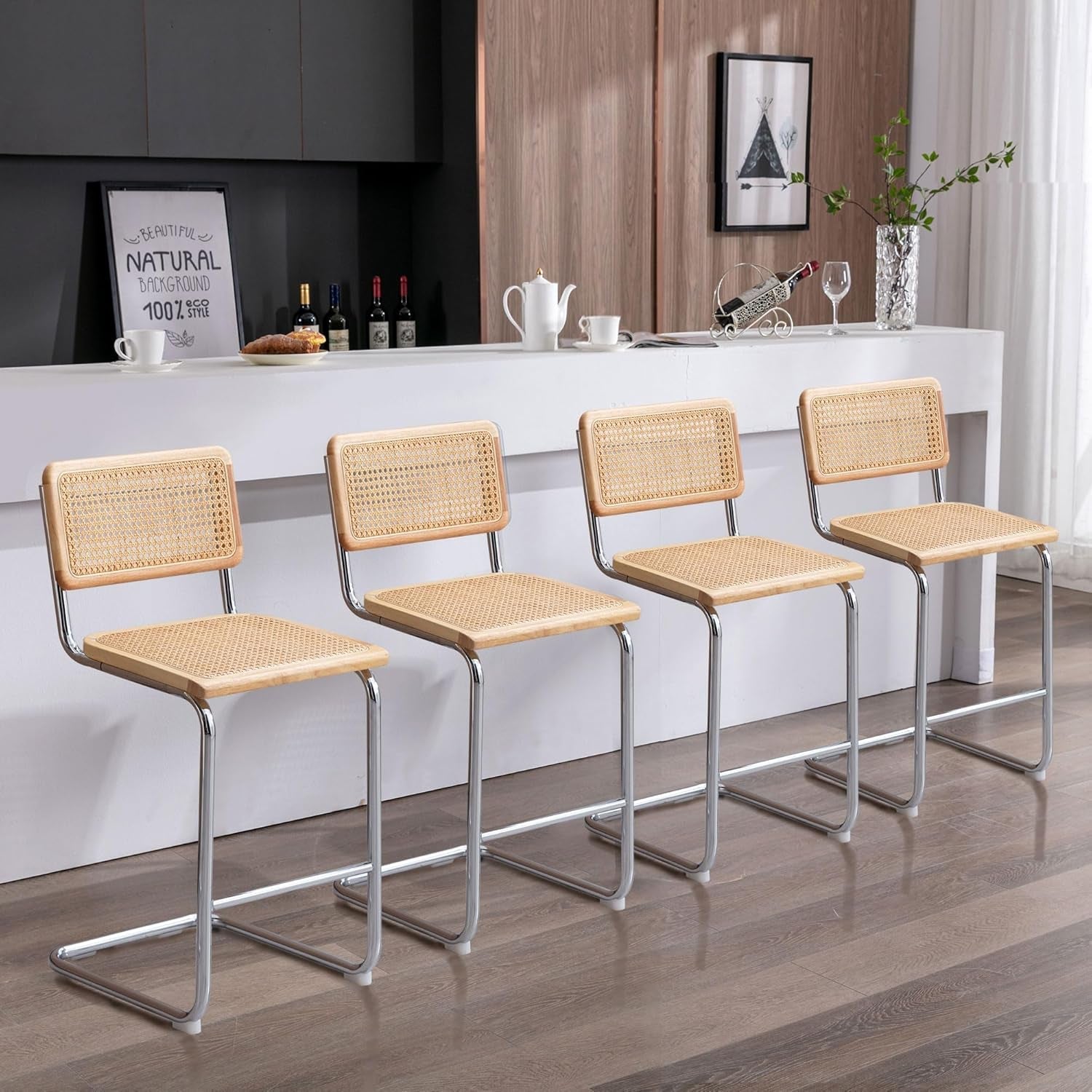 Rattan Bar Stools Set of 4, 24 Inch Modern Counter Stools with Cane Back, Low Back Barstools with Cane Seat, Counter Height Chairs with Metal Legs for Kitchen Island, Yellow-0
