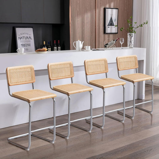 Rattan Bar Stools Set of 4, 24 Inch Modern Counter Stools with Cane Back, Low Back Barstools with Cane Seat, Counter Height Chairs with Metal Legs for Kitchen Island, Yellow-0