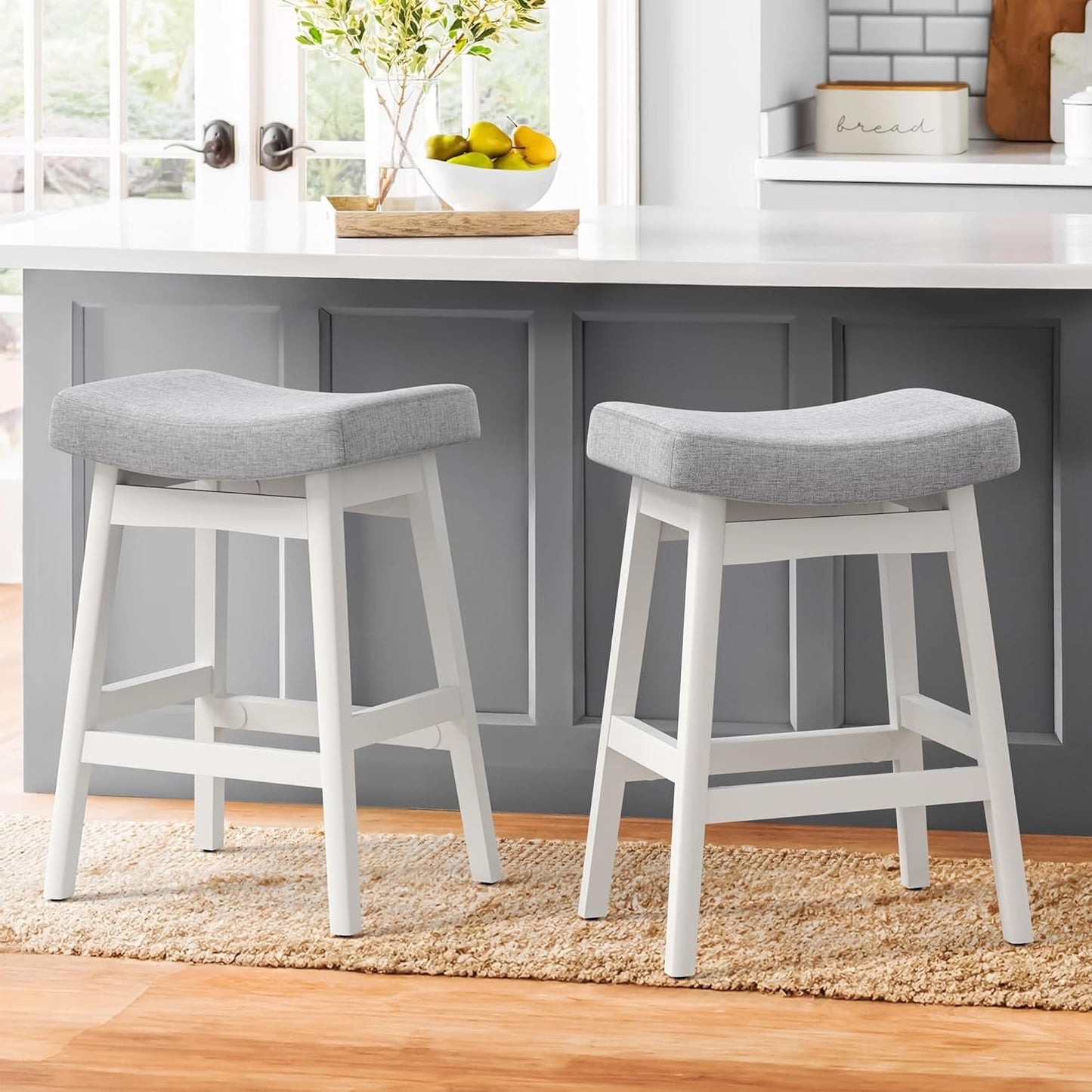 Bar Stools Set of 2, Barstools with Sturdy Wood Legs, Saddle Seat Counter Height Bar Stools for Kitchen Counter, Bar, Dining, 24 Inch Farmhouse Counter Stools, Light Gray-0