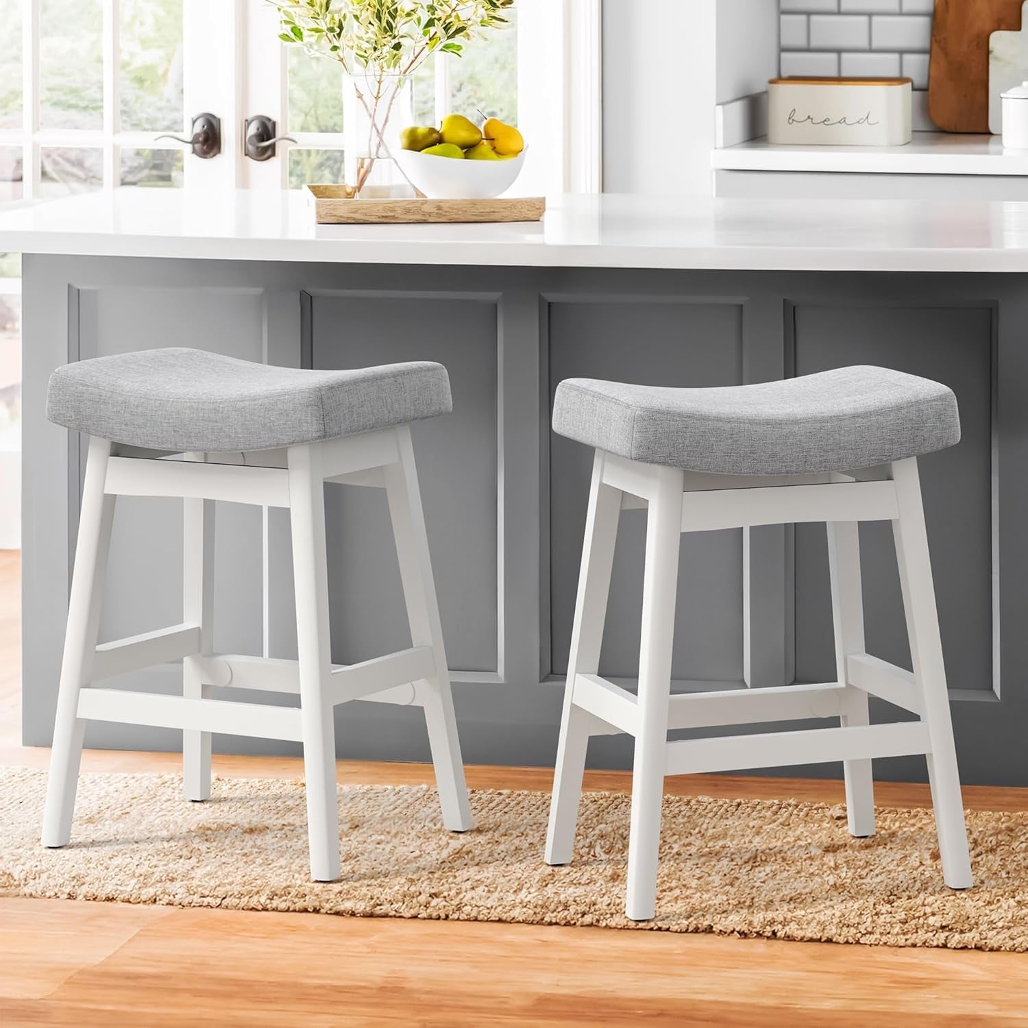 Bar Stools Set of 2, Barstools with Sturdy Wood Legs, Saddle Seat Counter Height Bar Stools for Kitchen Counter, Bar, Dining, 24 Inch Farmhouse Counter Stools, Light Gray-0