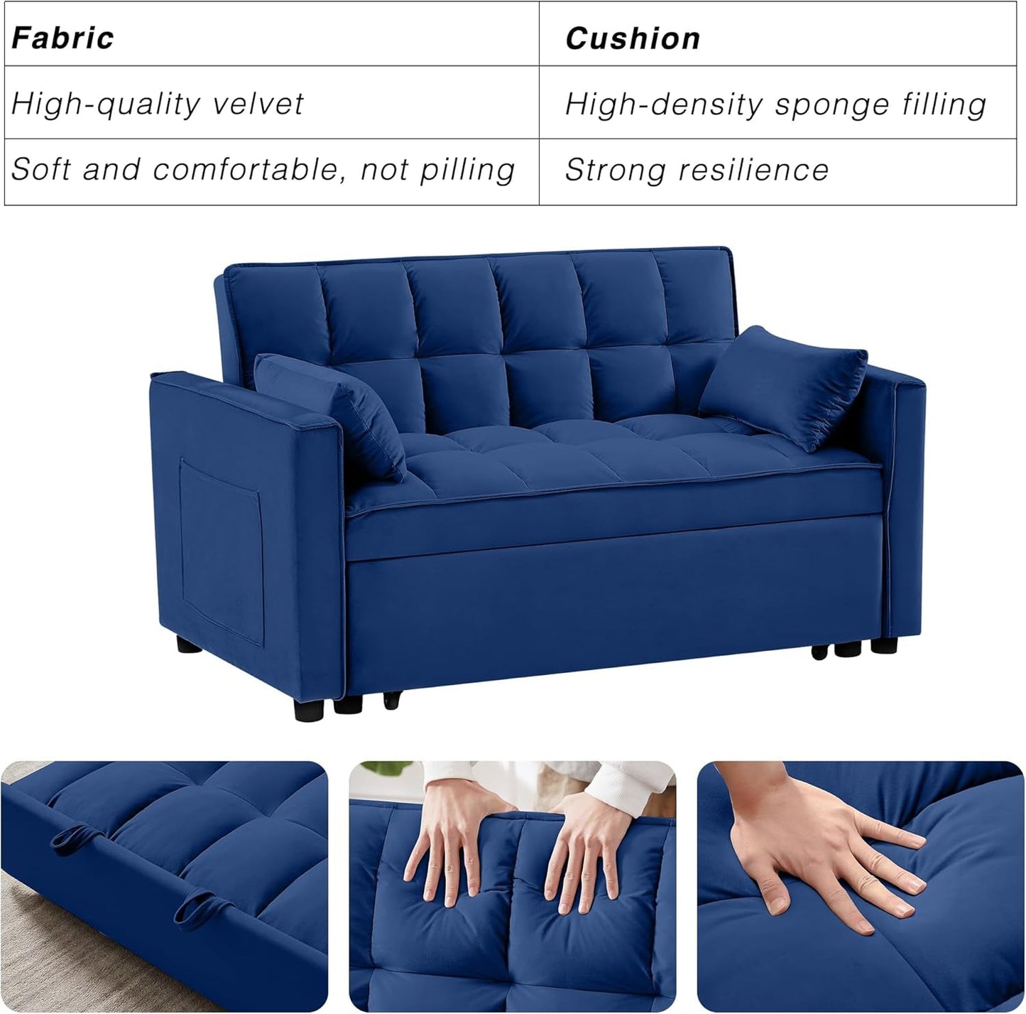 3 in 1 Convertible Sleeper Sofa Bed, Futon Couches for Living Room with Side Pocket | Adjustable Backrest| Velvet Fabric | Pull Out Couch | Recliner Loveseat | Sectional Sofa, Blue-4