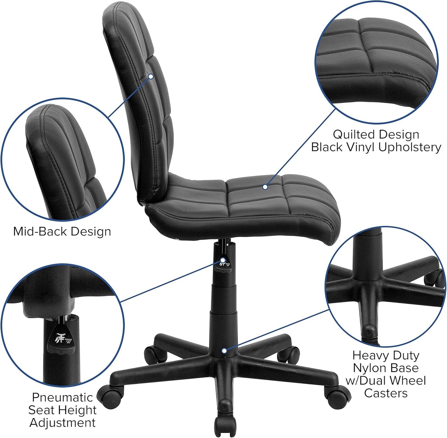 Clayton Mid-Back Tufted Vinyl Upholstered Swivel Desk Chair with Padded Seat, Modern Adjustable Height Padded Office Chair, Black-4