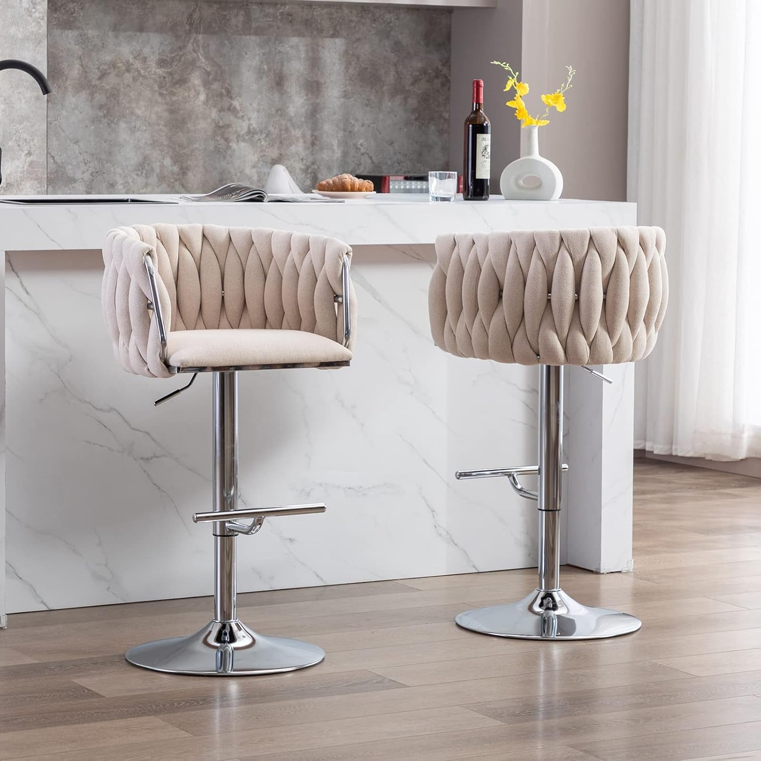 Modern Swivel Bar Stools Set of 2, Linen Fabric Adjustable Height Barstool with Barrel Back Kitchen Island Counter Bar Chair with Chrome Base, Beige-2